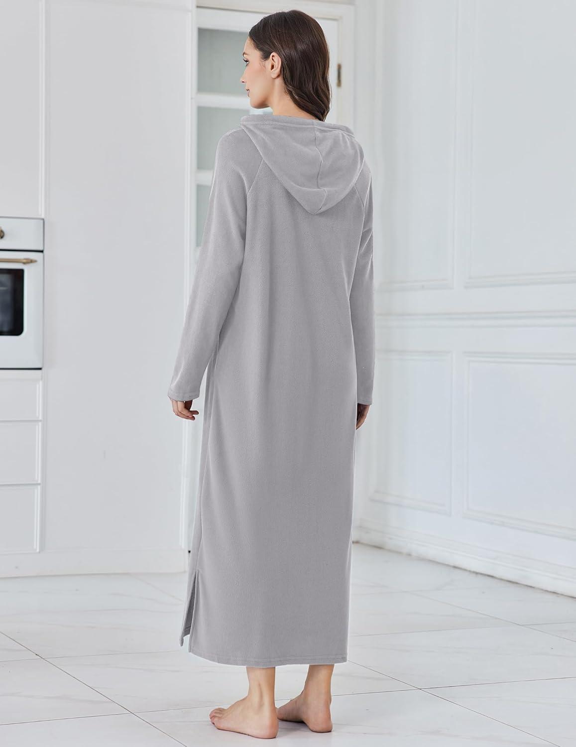 imageEkouaer Nightgowns for Women Fleece Nightgown Long Sleeve Sleepwear Hooded Night Gown Long Sleep Shirt with PocketLight Grey