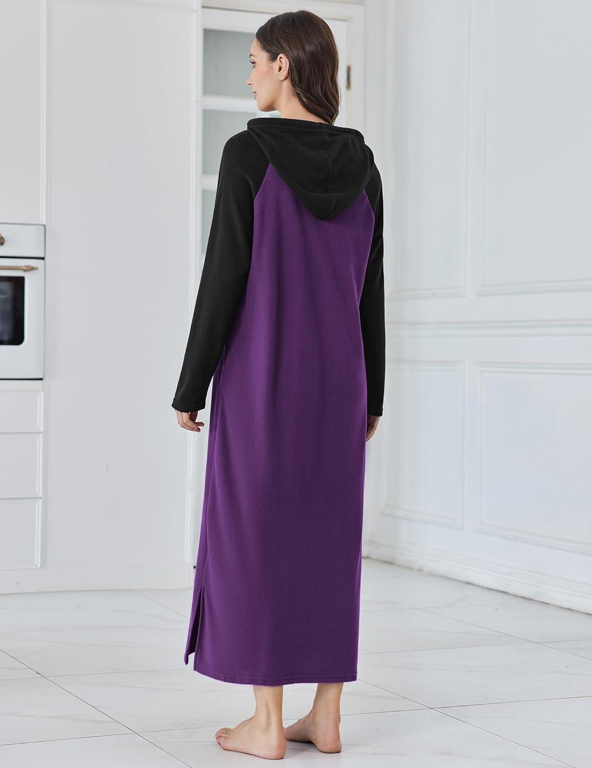 imageEkouaer Nightgowns for Women Fleece Nightgown Long Sleeve Sleepwear Hooded Night Gown Long Sleep Shirt with PocketPurple