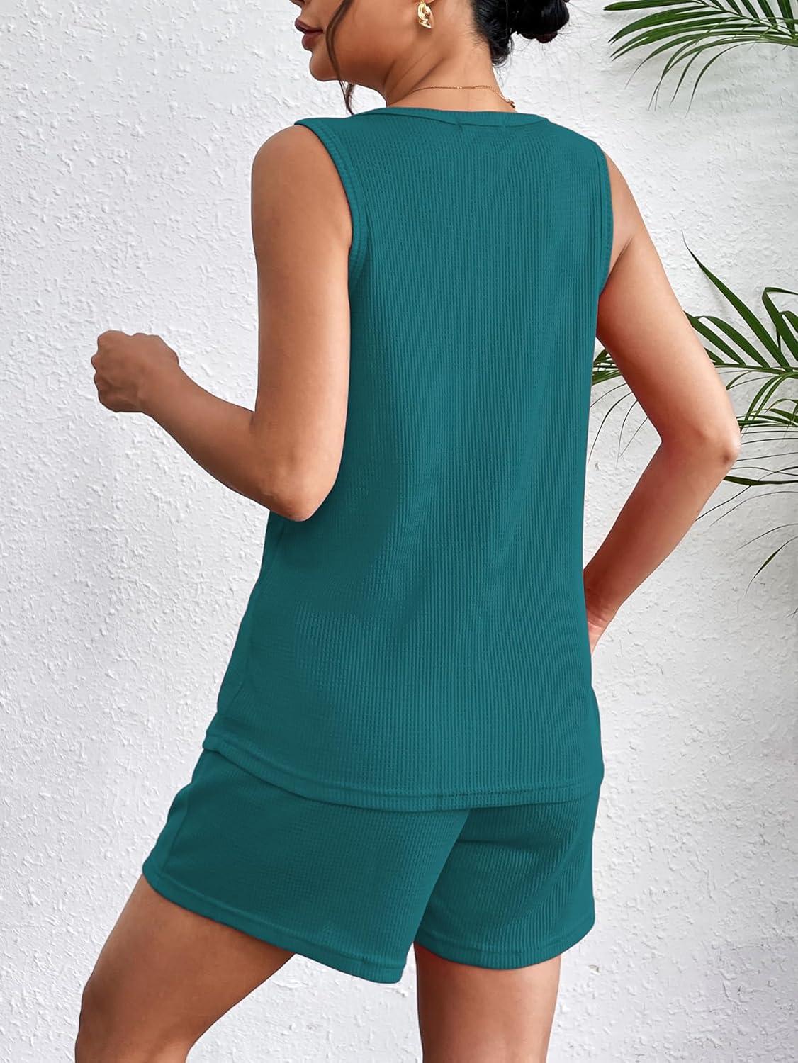imageEkouaer Pajamas Tank Top and Shorts Lounge Sets Waffle Knit V Neck Pj Short Sets Casual Outfits for WomenTeal