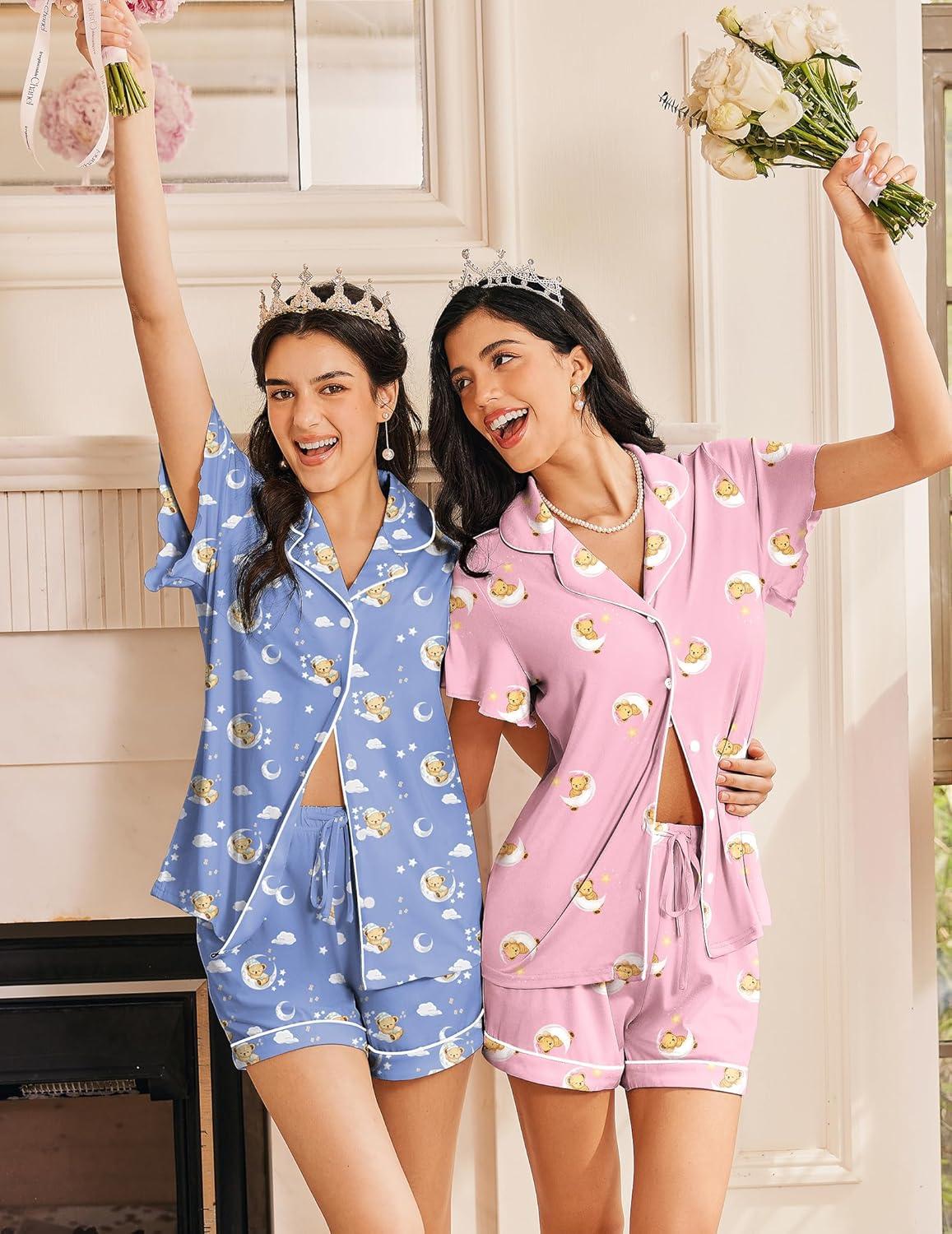 imageEkouaer Pajamas for Women Set Button Up Pjs Short Sleeve Ruffle Sleepwear Notch Collar Bride Soft Pj Lounge Sets SXXLBow Teddy Paris
