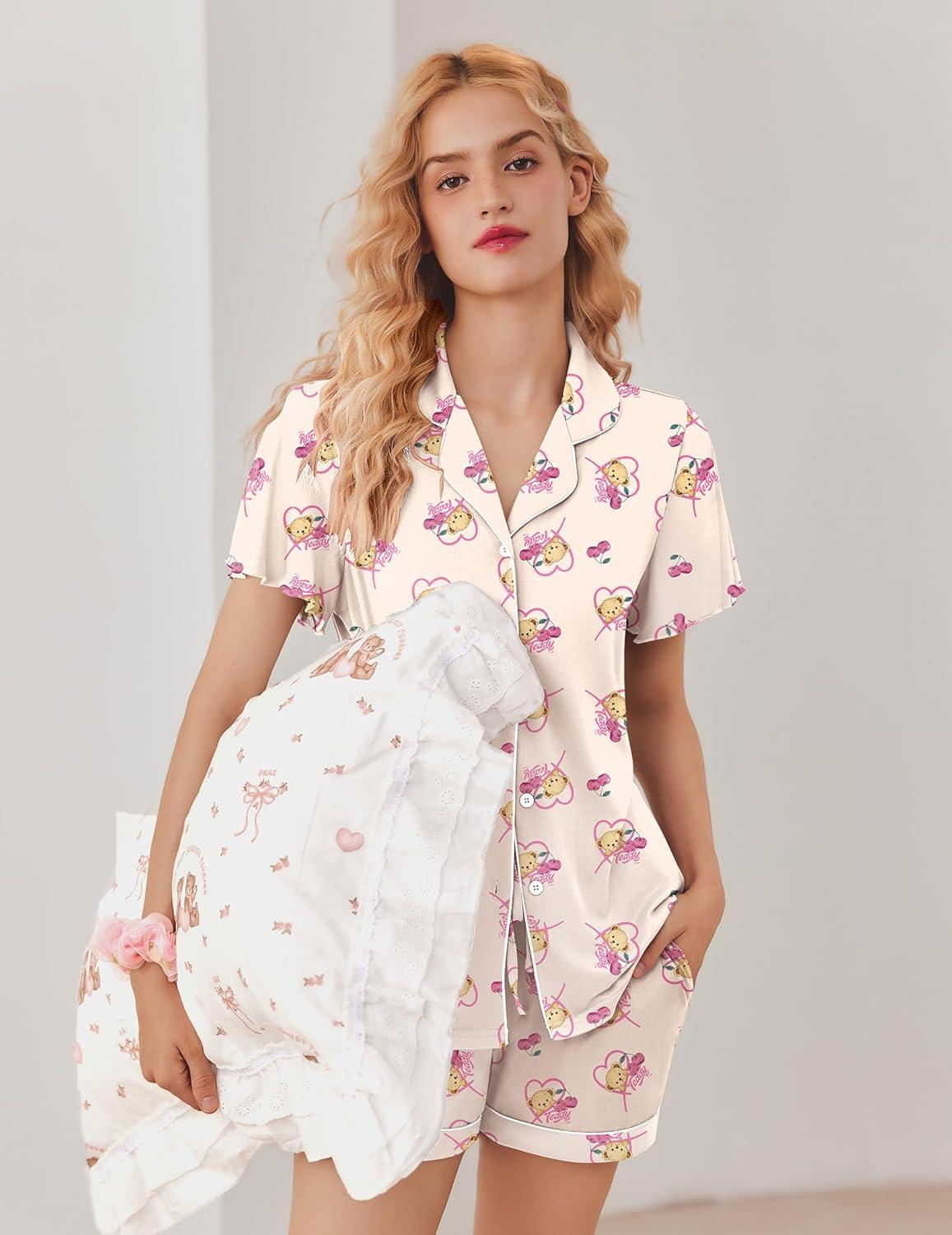 imageEkouaer Pajamas for Women Set Button Up Pjs Short Sleeve Ruffle Sleepwear Notch Collar Bride Soft Pj Lounge Sets SXXLCherry Teddy