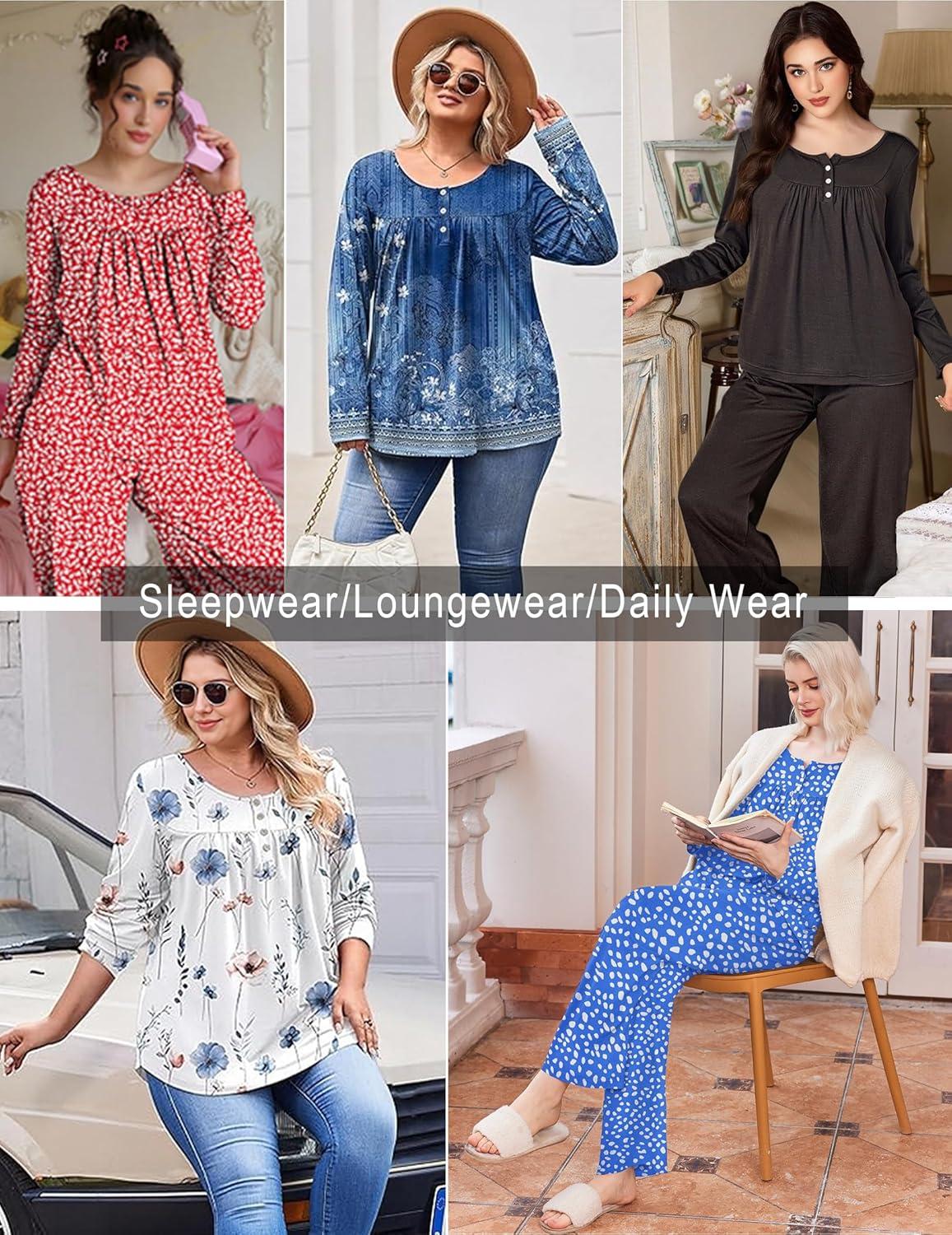 imageEkouaer Pajamas for Women Set Long Sleeve Sleepwear Top amp Pants Pjs Comfy 2 Piece Lounge Set with Pockets SXXLBlue Pot