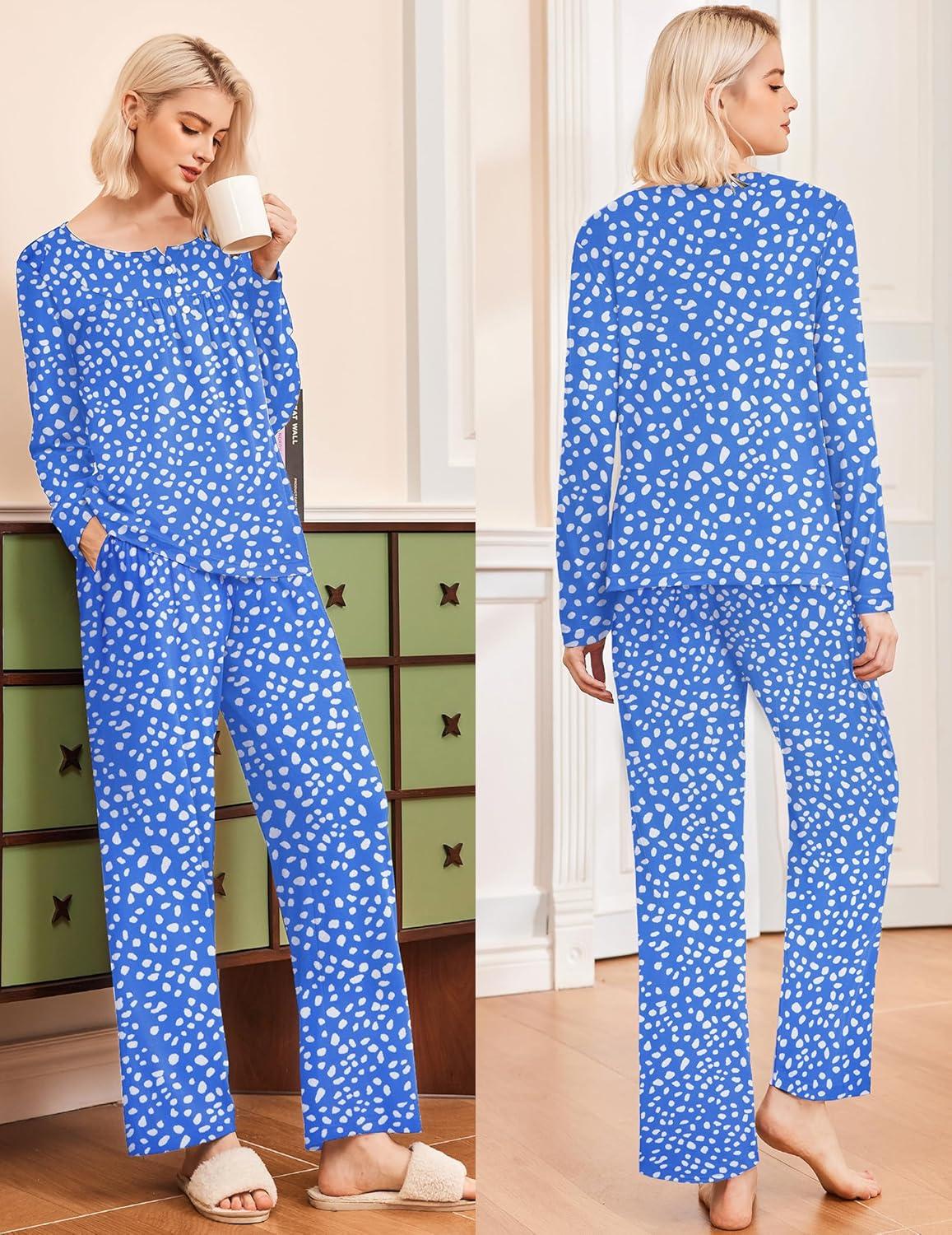 imageEkouaer Pajamas for Women Set Long Sleeve Sleepwear Top amp Pants Pjs Comfy 2 Piece Lounge Set with Pockets SXXLBlue Pot
