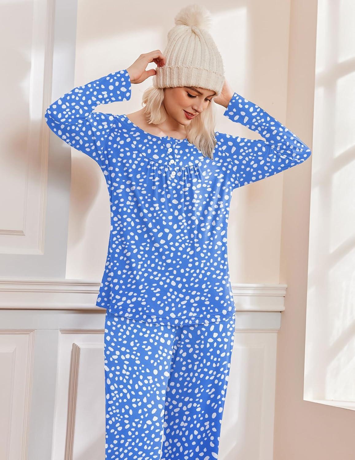 imageEkouaer Pajamas for Women Set Long Sleeve Sleepwear Top amp Pants Pjs Comfy 2 Piece Lounge Set with Pockets SXXLBlue Pot