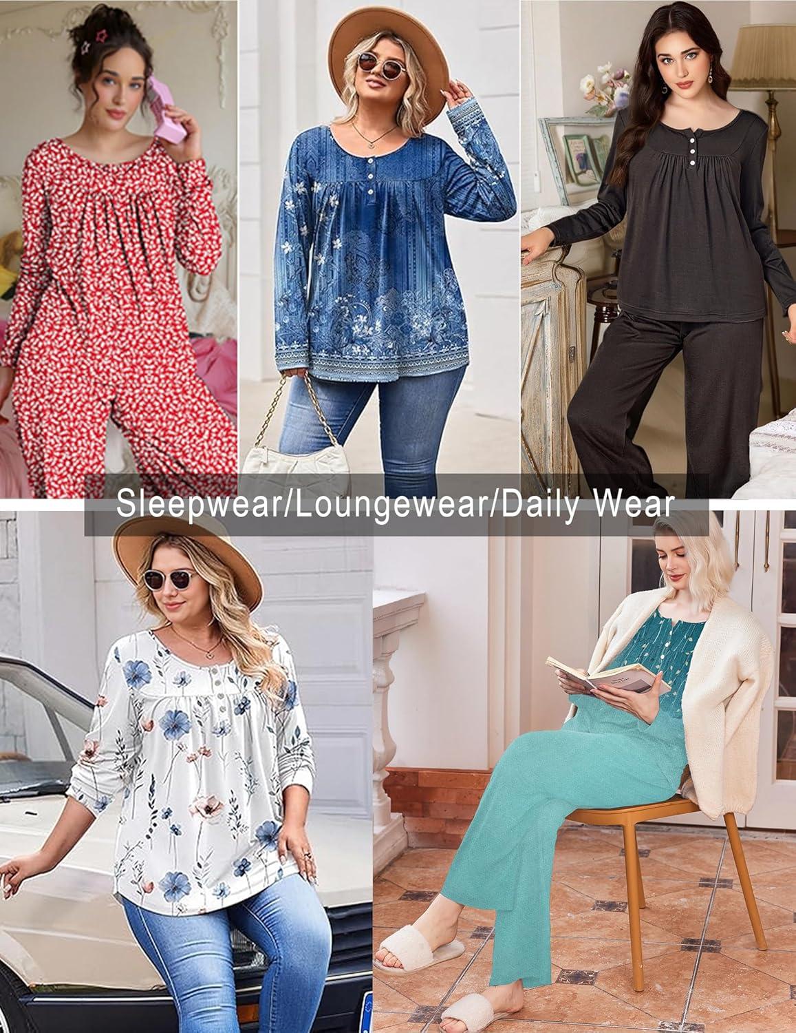 imageEkouaer Pajamas for Women Set Long Sleeve Sleepwear Top amp Pants Pjs Comfy 2 Piece Lounge Set with Pockets SXXLBluegreen Leaves