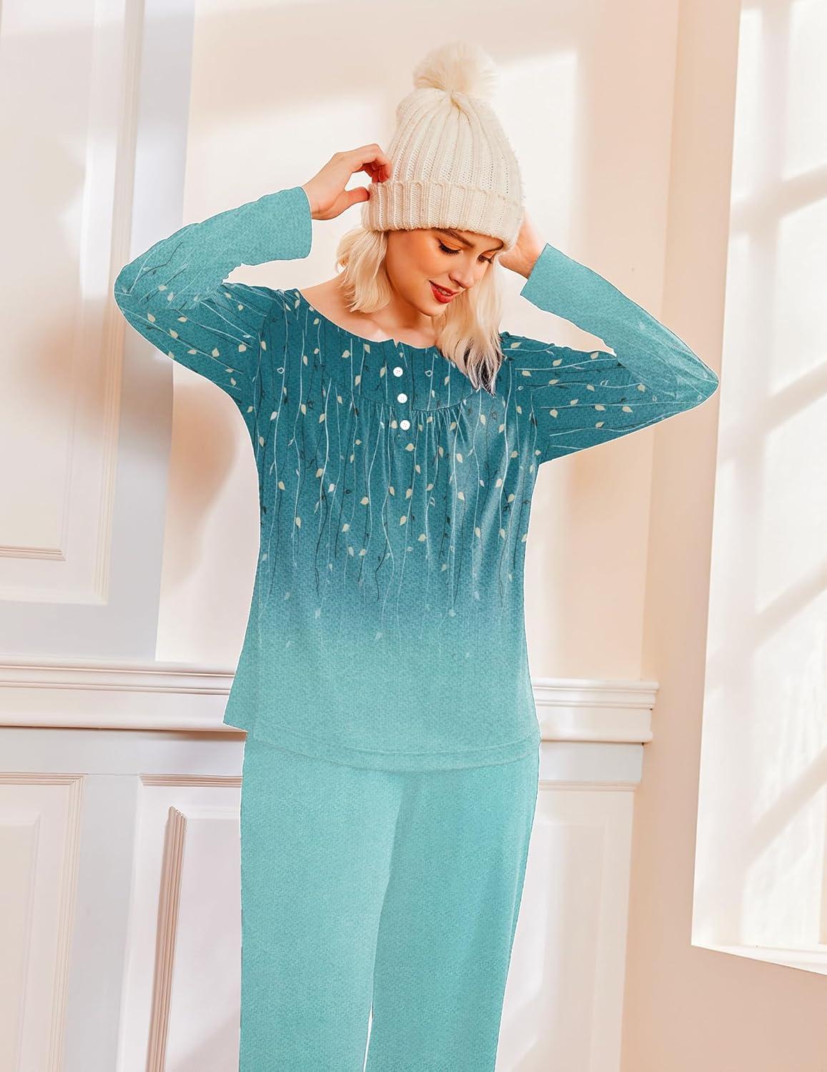 imageEkouaer Pajamas for Women Set Long Sleeve Sleepwear Top amp Pants Pjs Comfy 2 Piece Lounge Set with Pockets SXXLBluegreen Leaves