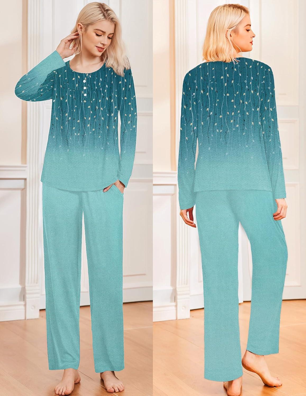 imageEkouaer Pajamas for Women Set Long Sleeve Sleepwear Top amp Pants Pjs Comfy 2 Piece Lounge Set with Pockets SXXLBluegreen Leaves