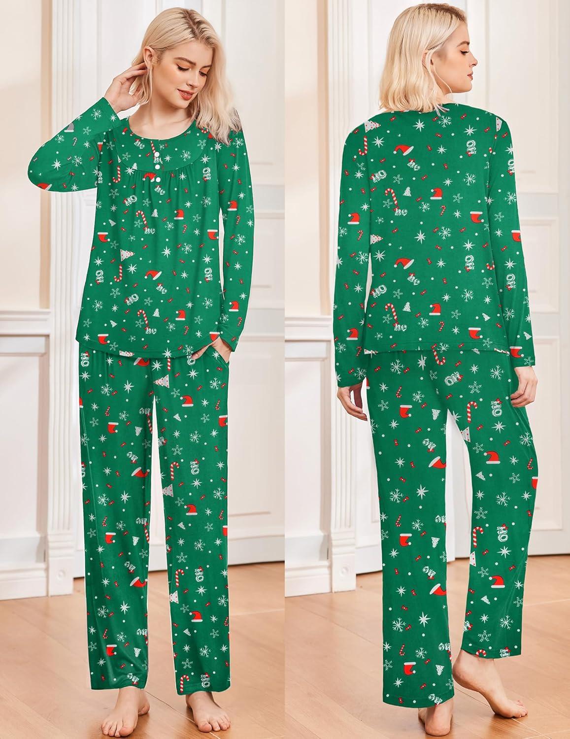 imageEkouaer Pajamas for Women Set Long Sleeve Sleepwear Top amp Pants Pjs Comfy 2 Piece Lounge Set with Pockets SXXLChristmas Green