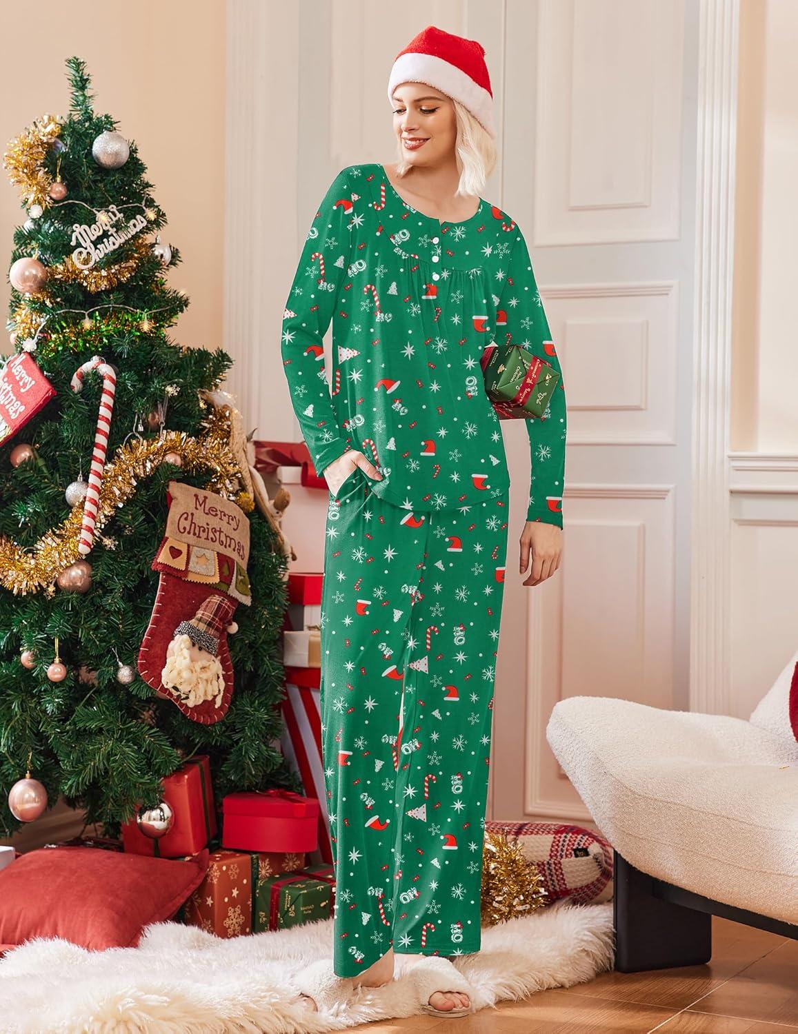 imageEkouaer Pajamas for Women Set Long Sleeve Sleepwear Top amp Pants Pjs Comfy 2 Piece Lounge Set with Pockets SXXLChristmas Green