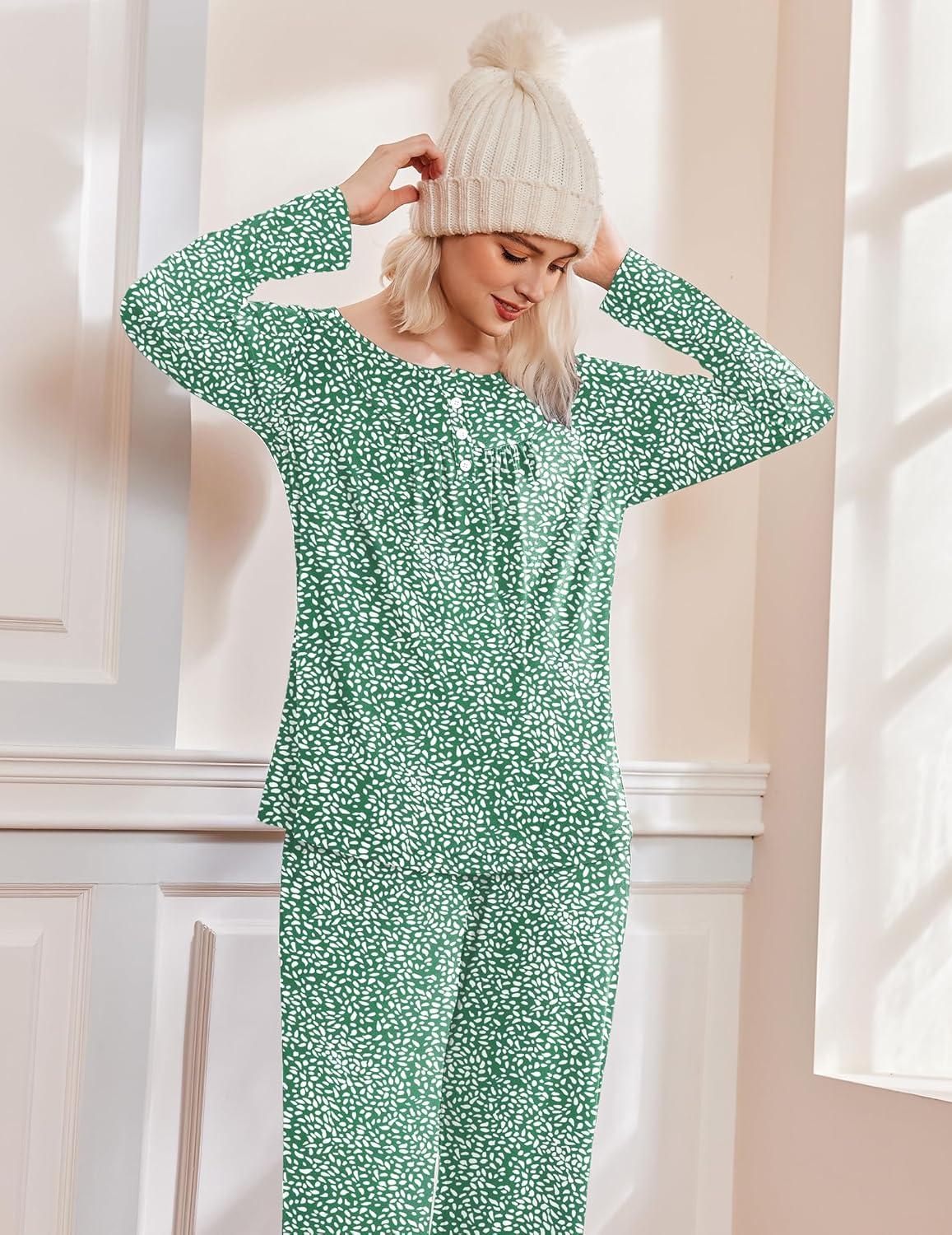 imageEkouaer Pajamas for Women Set Long Sleeve Sleepwear Top amp Pants Pjs Comfy 2 Piece Lounge Set with Pockets SXXLGreen Pot