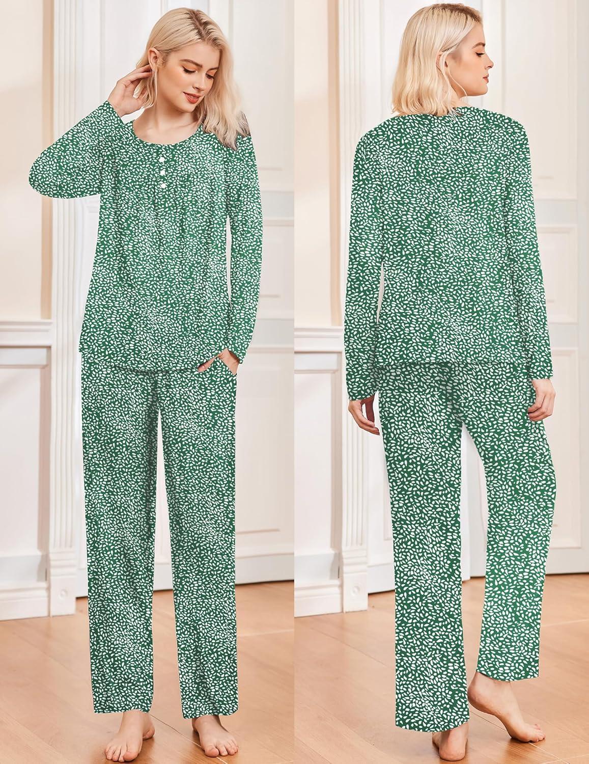 imageEkouaer Pajamas for Women Set Long Sleeve Sleepwear Top amp Pants Pjs Comfy 2 Piece Lounge Set with Pockets SXXLGreen Pot