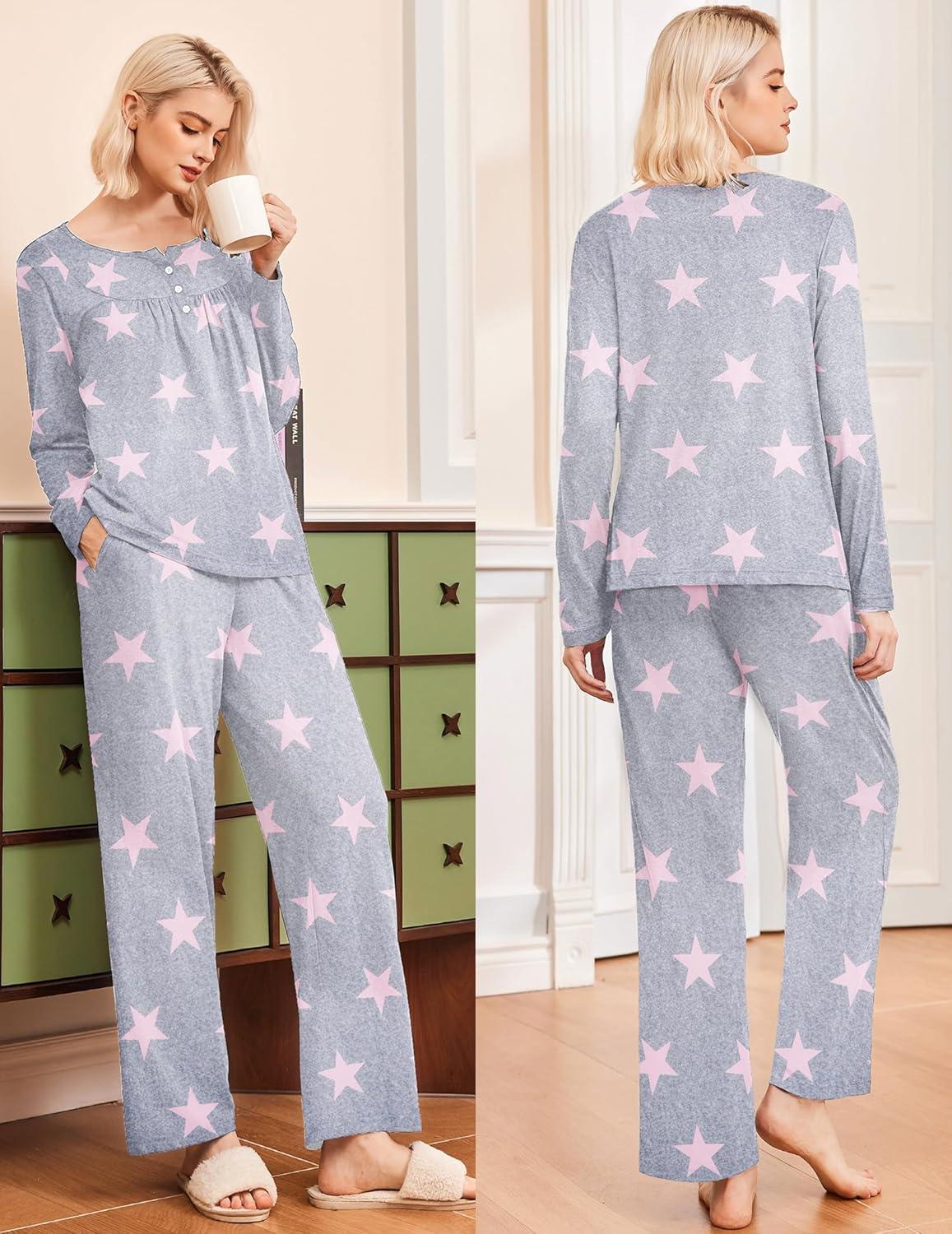 imageEkouaer Pajamas for Women Set Long Sleeve Sleepwear Top amp Pants Pjs Comfy 2 Piece Lounge Set with Pockets SXXLPink Stars