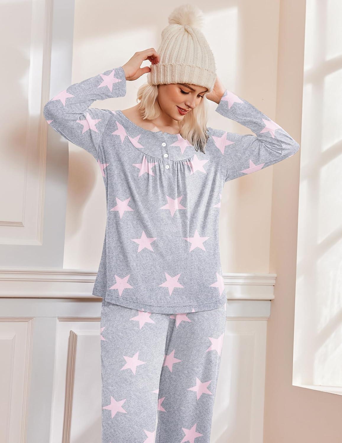 imageEkouaer Pajamas for Women Set Long Sleeve Sleepwear Top amp Pants Pjs Comfy 2 Piece Lounge Set with Pockets SXXLPink Stars