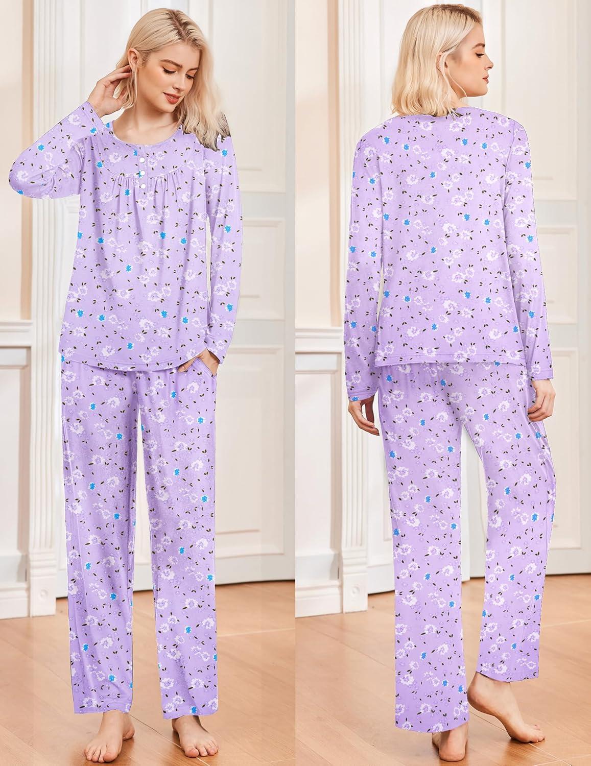 imageEkouaer Pajamas for Women Set Long Sleeve Sleepwear Top amp Pants Pjs Comfy 2 Piece Lounge Set with Pockets SXXLPurple Floral