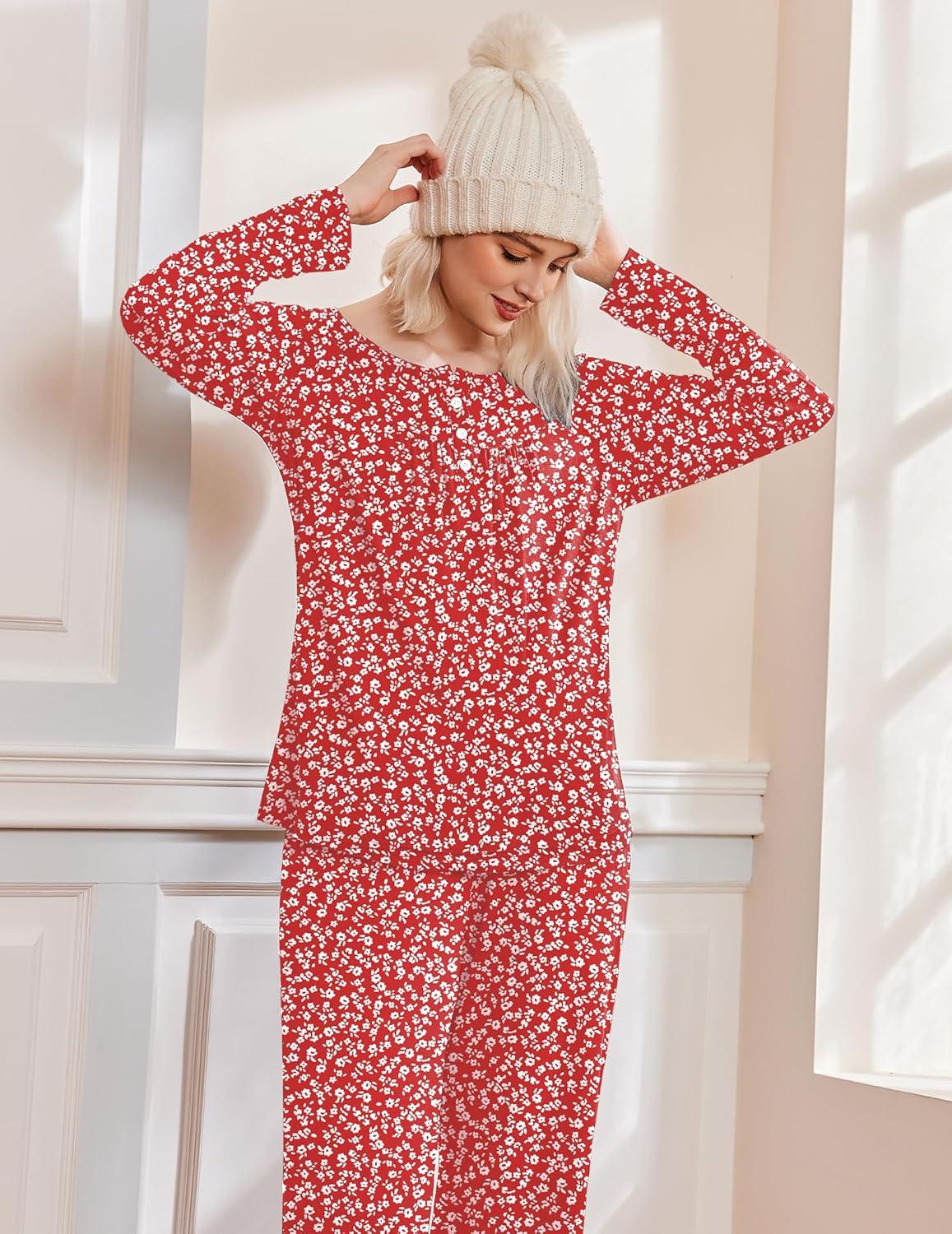 imageEkouaer Pajamas for Women Set Long Sleeve Sleepwear Top amp Pants Pjs Comfy 2 Piece Lounge Set with Pockets SXXLRed Floral