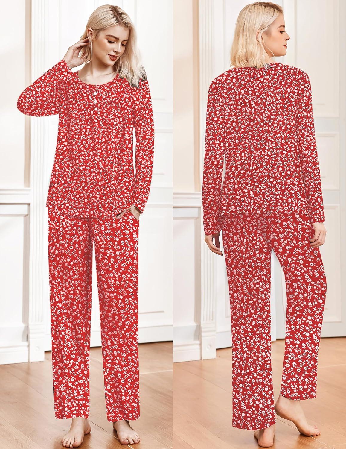 imageEkouaer Pajamas for Women Set Long Sleeve Sleepwear Top amp Pants Pjs Comfy 2 Piece Lounge Set with Pockets SXXLRed Floral