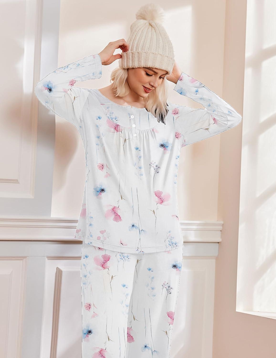 imageEkouaer Pajamas for Women Set Long Sleeve Sleepwear Top amp Pants Pjs Comfy 2 Piece Lounge Set with Pockets SXXLWhite Floral