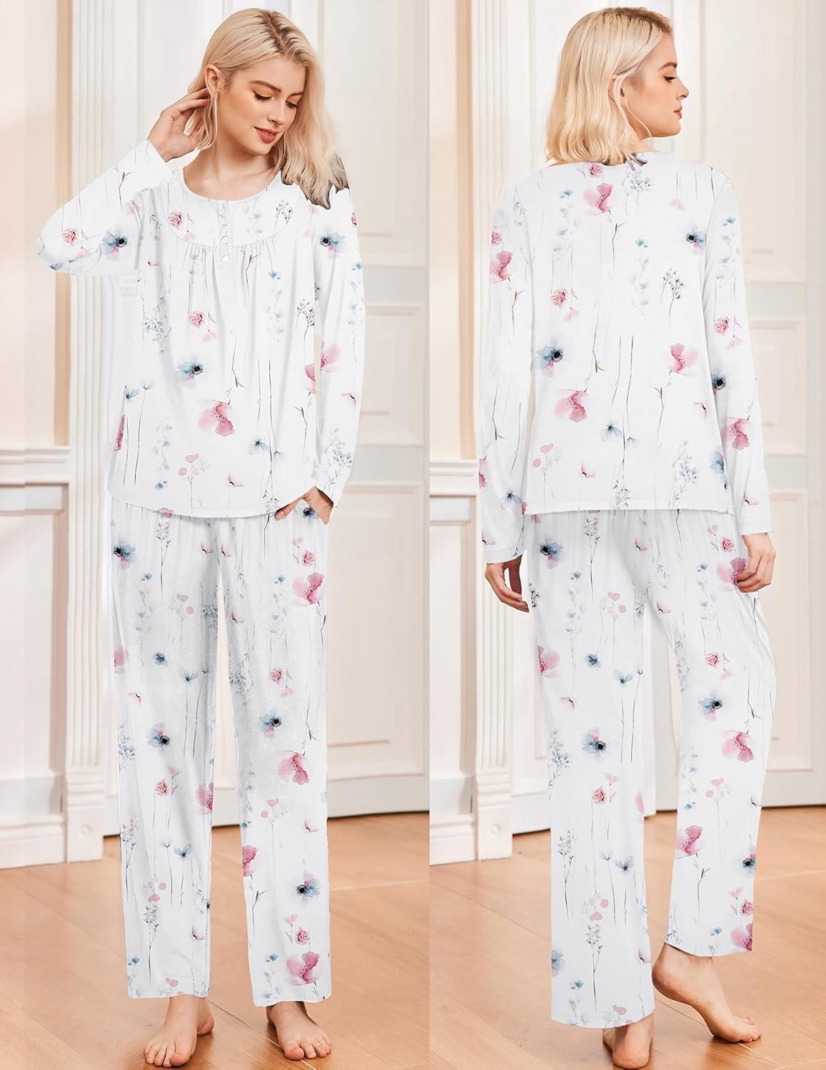 imageEkouaer Pajamas for Women Set Long Sleeve Sleepwear Top amp Pants Pjs Comfy 2 Piece Lounge Set with Pockets SXXLWhite Floral