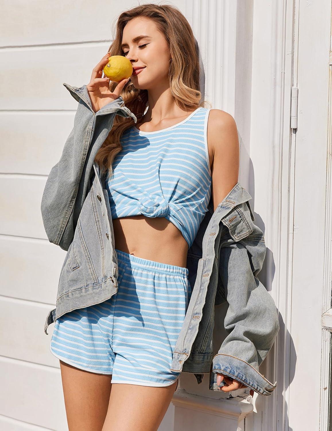 imageEkouaer Pajamas for Women Sets Tank and Shorts Summer Waffle Knit Striped 2Piece Cute Pjs Soft Sleeveless Loungewear SetBlue and White Stripe