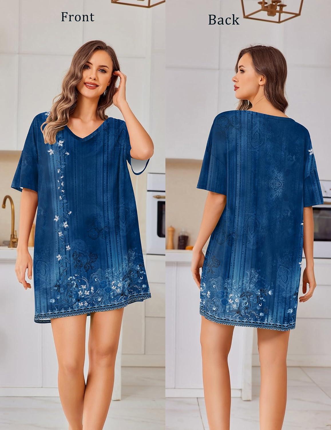 imageEkouaer Plus Size Nightgowns for Women Oversized Sleep Shirt Short Sleeve Nightshirt TShirt Dress Sleepwear S4XLBlue Flower