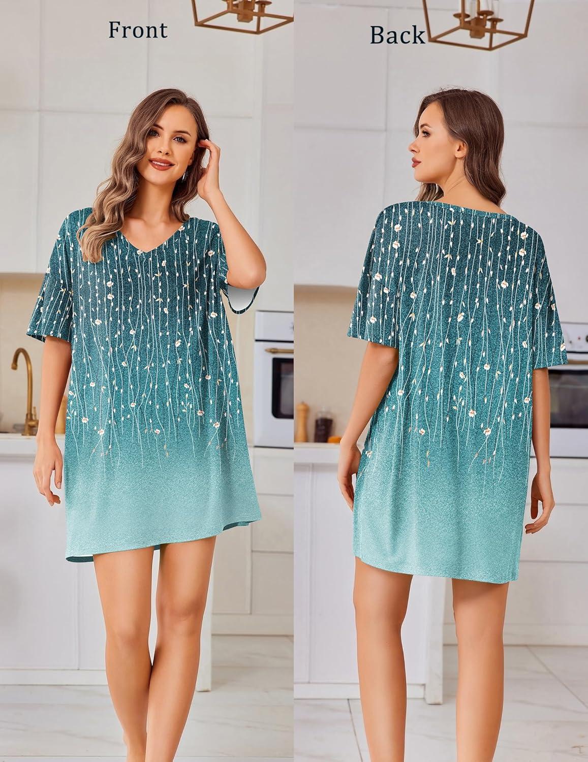 imageEkouaer Plus Size Nightgowns for Women Oversized Sleep Shirt Short Sleeve Nightshirt TShirt Dress Sleepwear S4XLBlue Green Flower