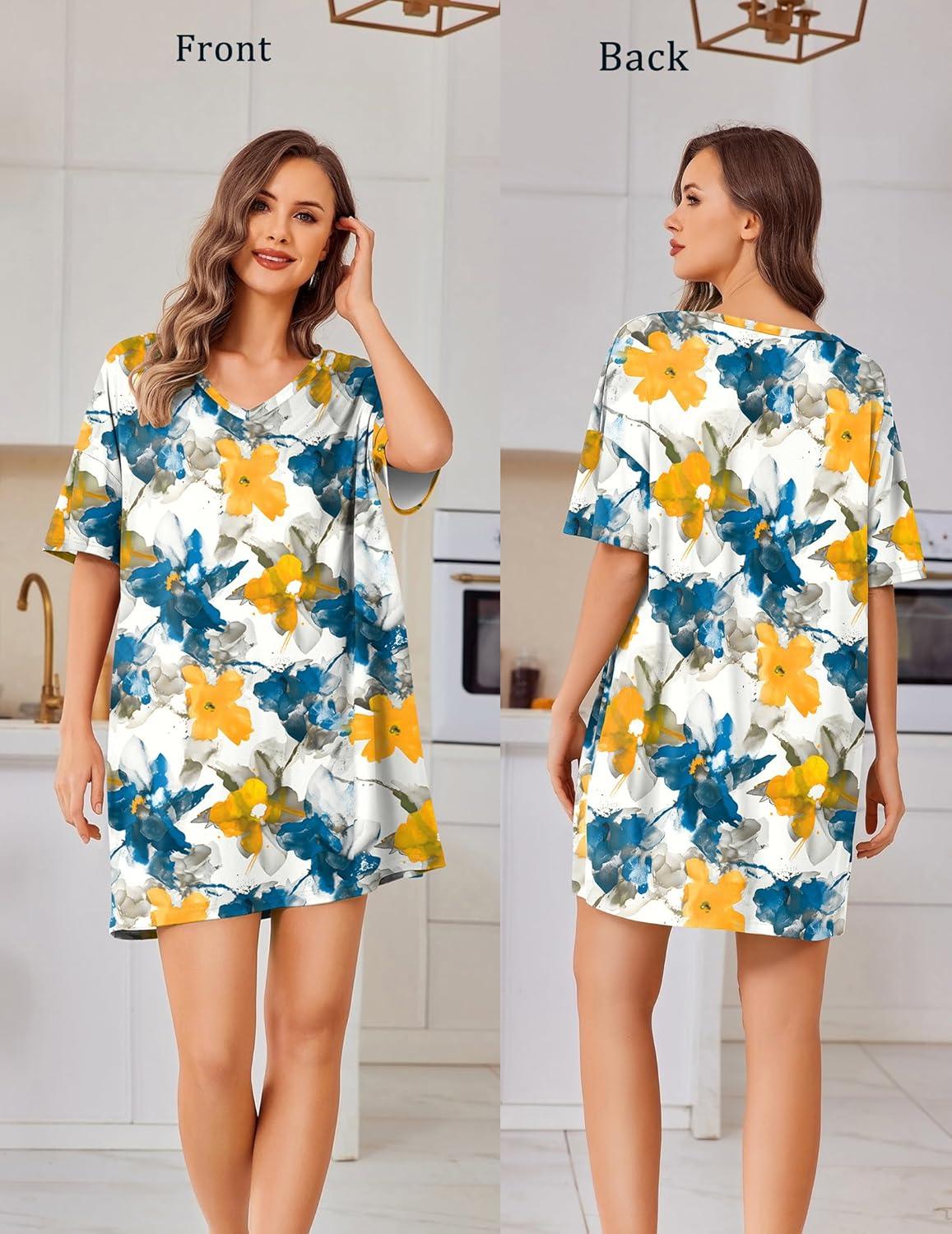 imageEkouaer Plus Size Nightgowns for Women Oversized Sleep Shirt Short Sleeve Nightshirt TShirt Dress Sleepwear S4XLFloral Tye Dye