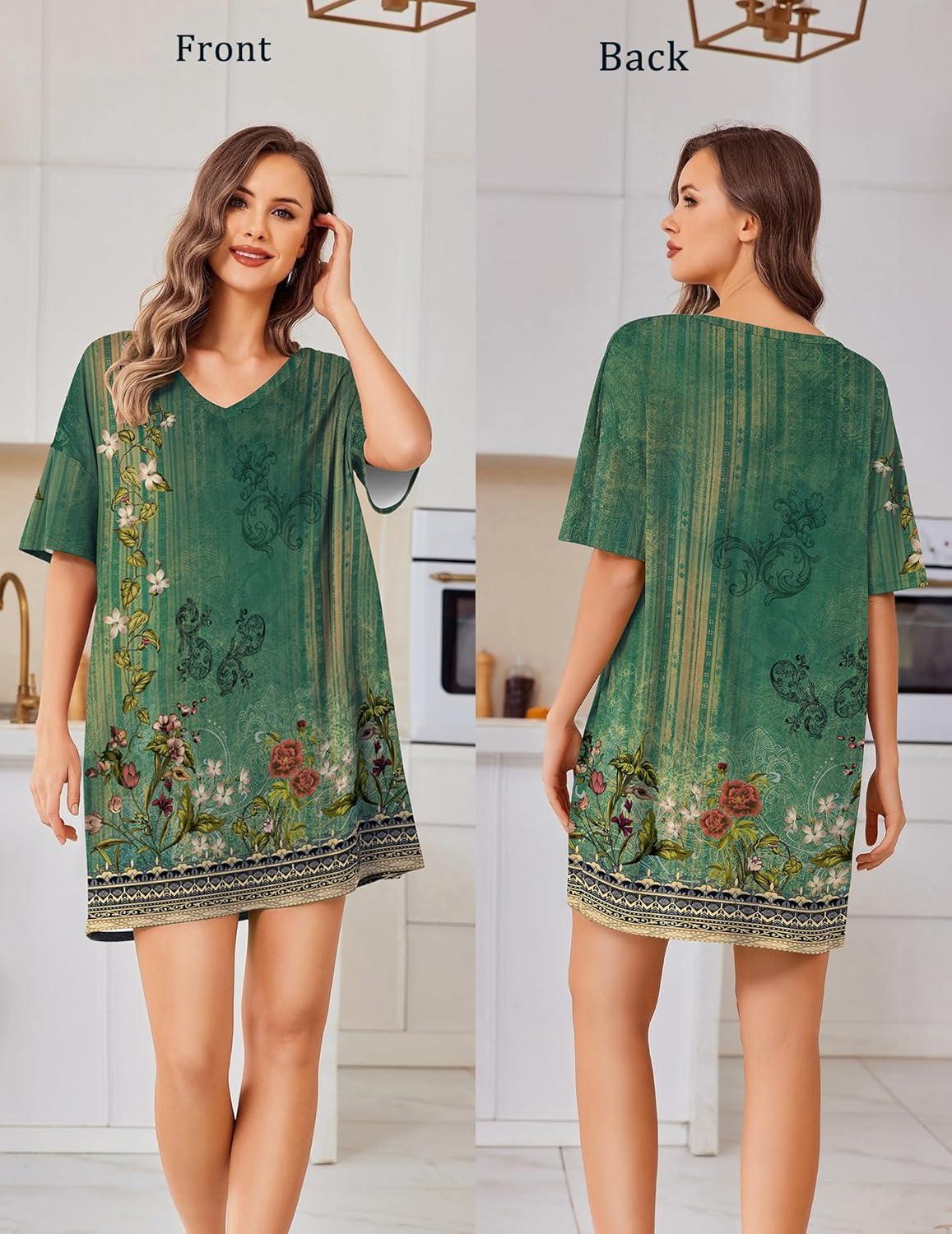 imageEkouaer Plus Size Nightgowns for Women Oversized Sleep Shirt Short Sleeve Nightshirt TShirt Dress Sleepwear S4XLGreen Flower