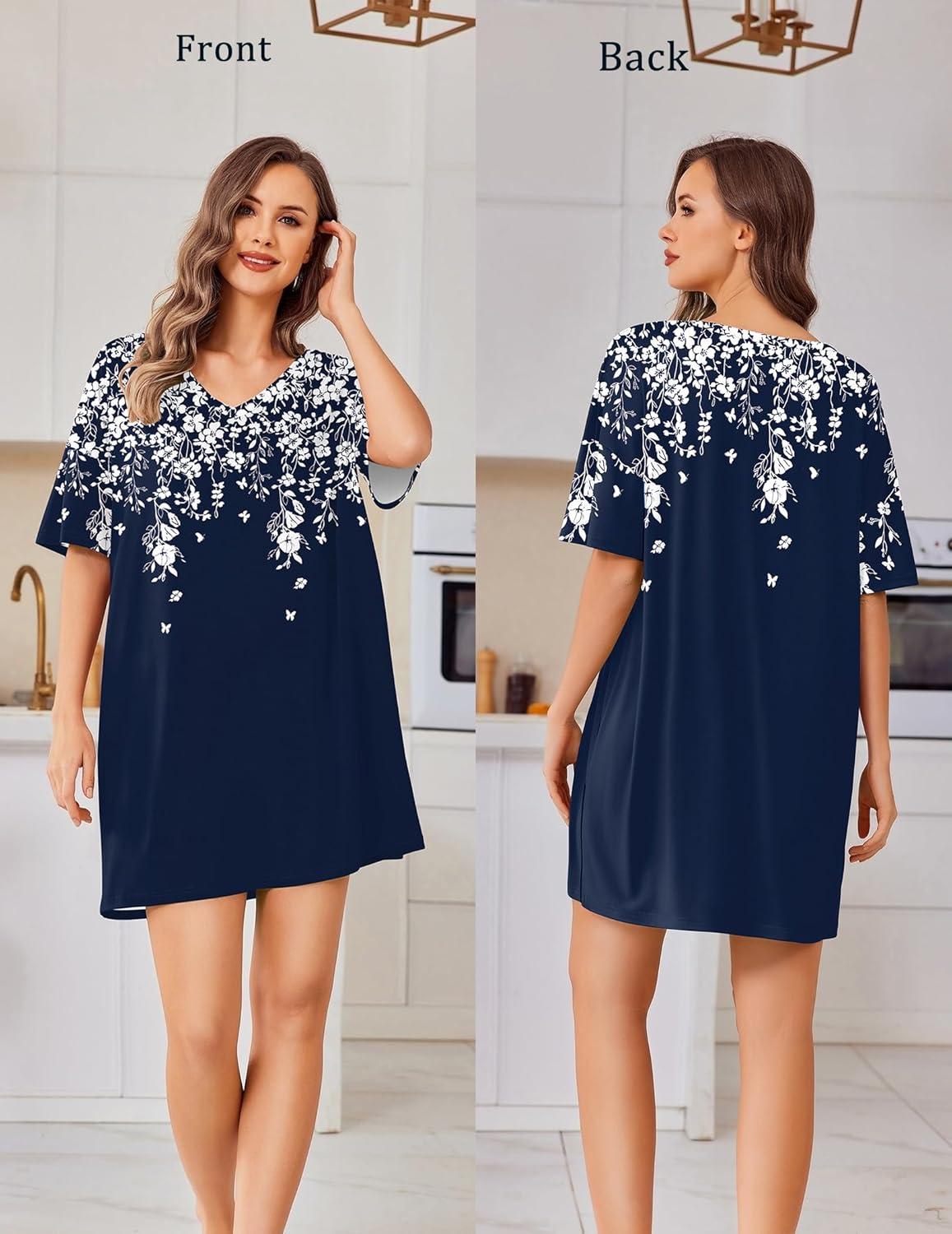 imageEkouaer Plus Size Nightgowns for Women Oversized Sleep Shirt Short Sleeve Nightshirt TShirt Dress Sleepwear S4XLNavy Blue Flower