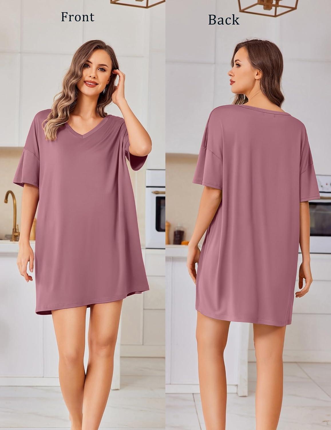 imageEkouaer Plus Size Nightgowns for Women Oversized Sleep Shirt Short Sleeve Nightshirt TShirt Dress Sleepwear S4XLPurple Red
