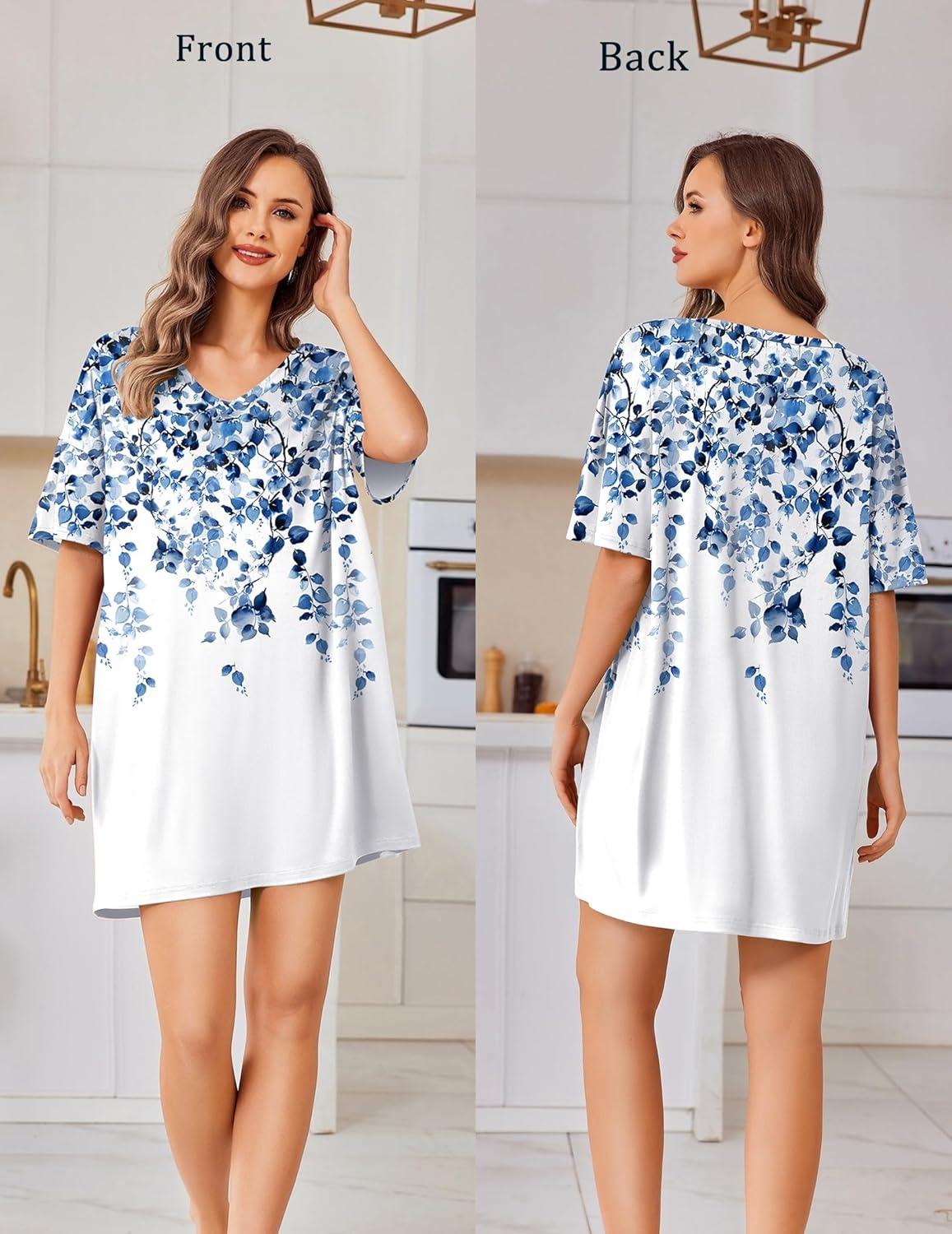 imageEkouaer Plus Size Nightgowns for Women Oversized Sleep Shirt Short Sleeve Nightshirt TShirt Dress Sleepwear S4XLWhite Blue Flower