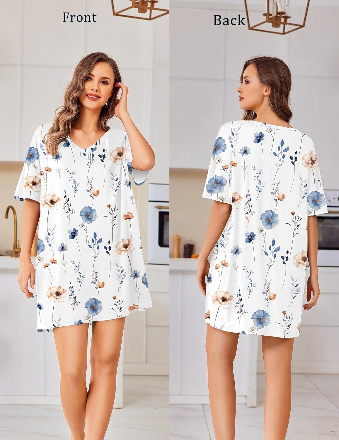 imageEkouaer Plus Size Nightgowns for Women Oversized Sleep Shirt Short Sleeve Nightshirt TShirt Dress Sleepwear S4XLWhite Flower