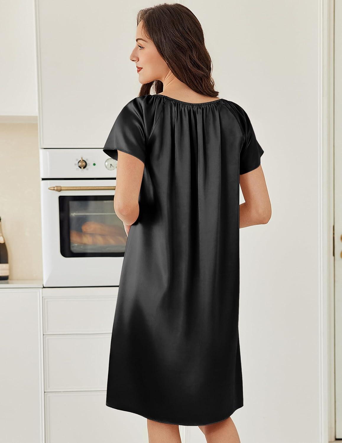 imageEkouaer Satin Nightgowns for Women 2 Pack Silk Nightgown Pleated Loose Night Shirts Short Sleeve Sleep ShirtsBlue GreenBlack
