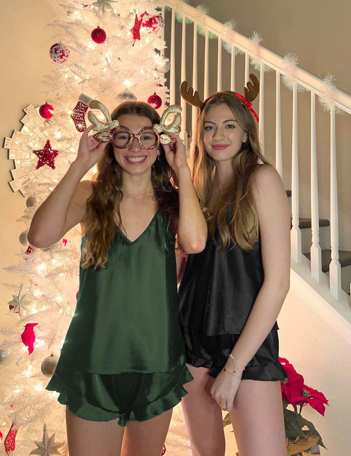 imageEkouaer Satin Pajama Set for Women Silk Pjs for Women Set Camisole Top and Shorts with Ruffle SleepwearArmy Green