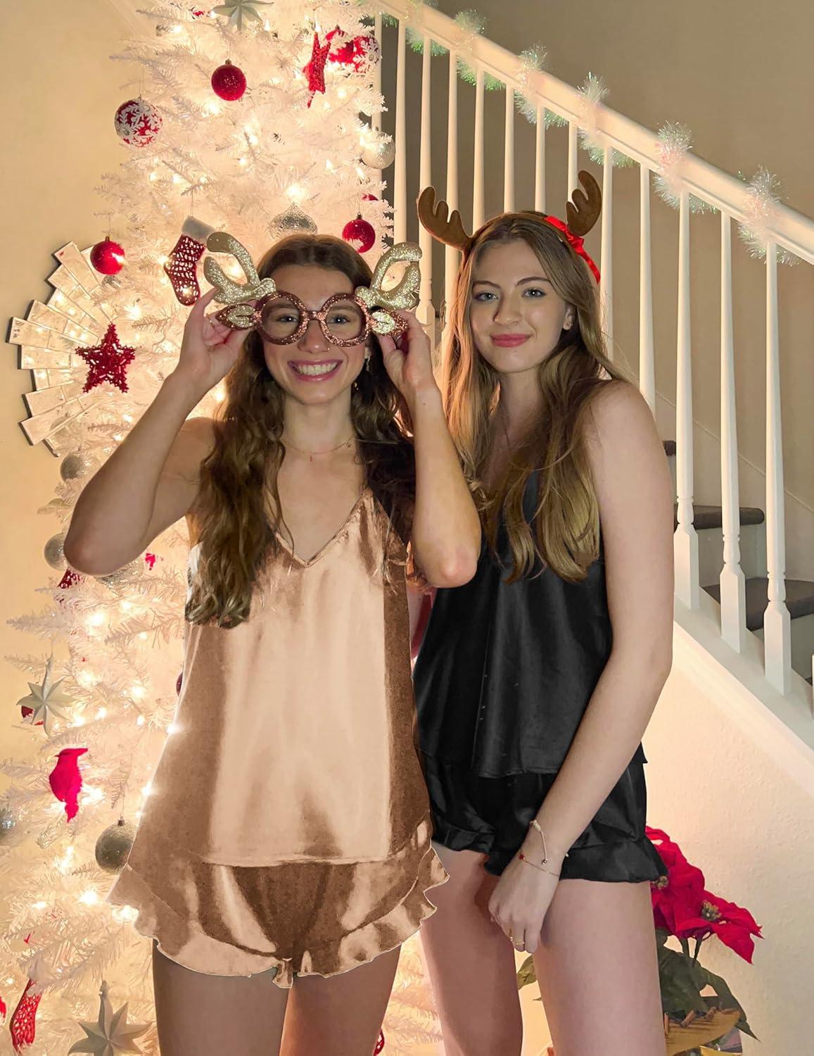 imageEkouaer Satin Pajama Set for Women Silk Pjs for Women Set Camisole Top and Shorts with Ruffle SleepwearBeige