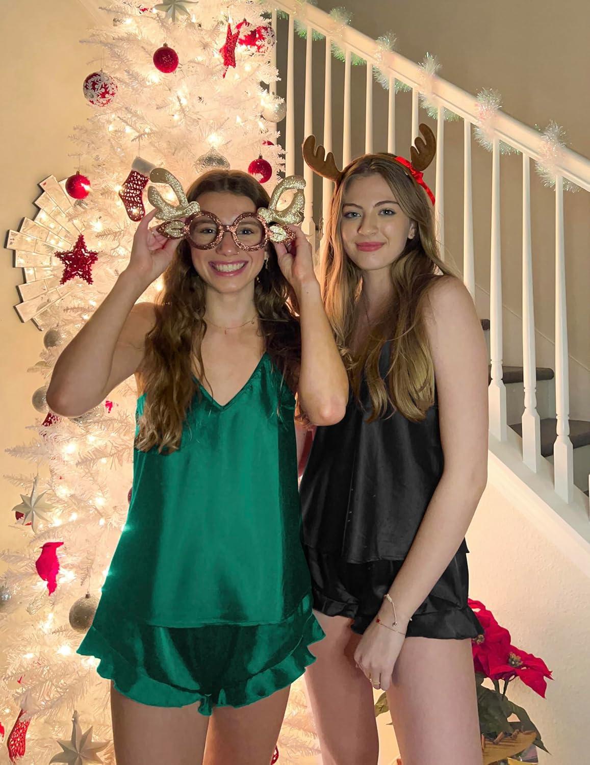 imageEkouaer Satin Pajama Set for Women Silk Pjs for Women Set Camisole Top and Shorts with Ruffle SleepwearDark Green