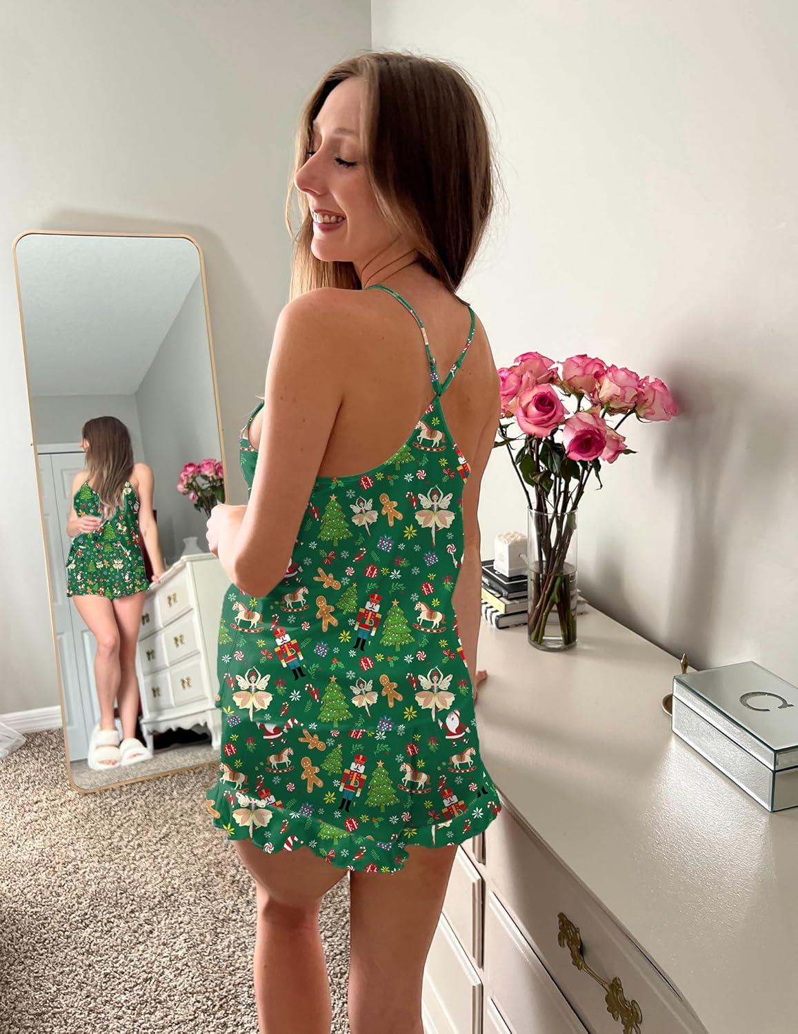 imageEkouaer Satin Pajama Set for Women Silk Pjs for Women Set Camisole Top and Shorts with Ruffle SleepwearGreen Christmas