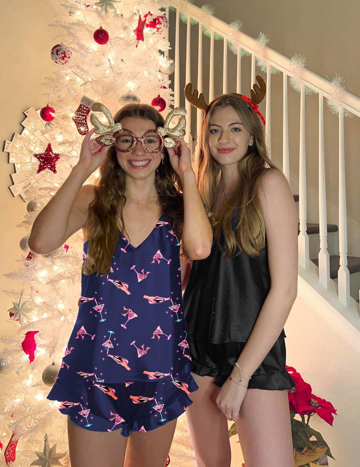 imageEkouaer Satin Pajama Set for Women Silk Pjs for Women Set Camisole Top and Shorts with Ruffle SleepwearNavy Blue Cups