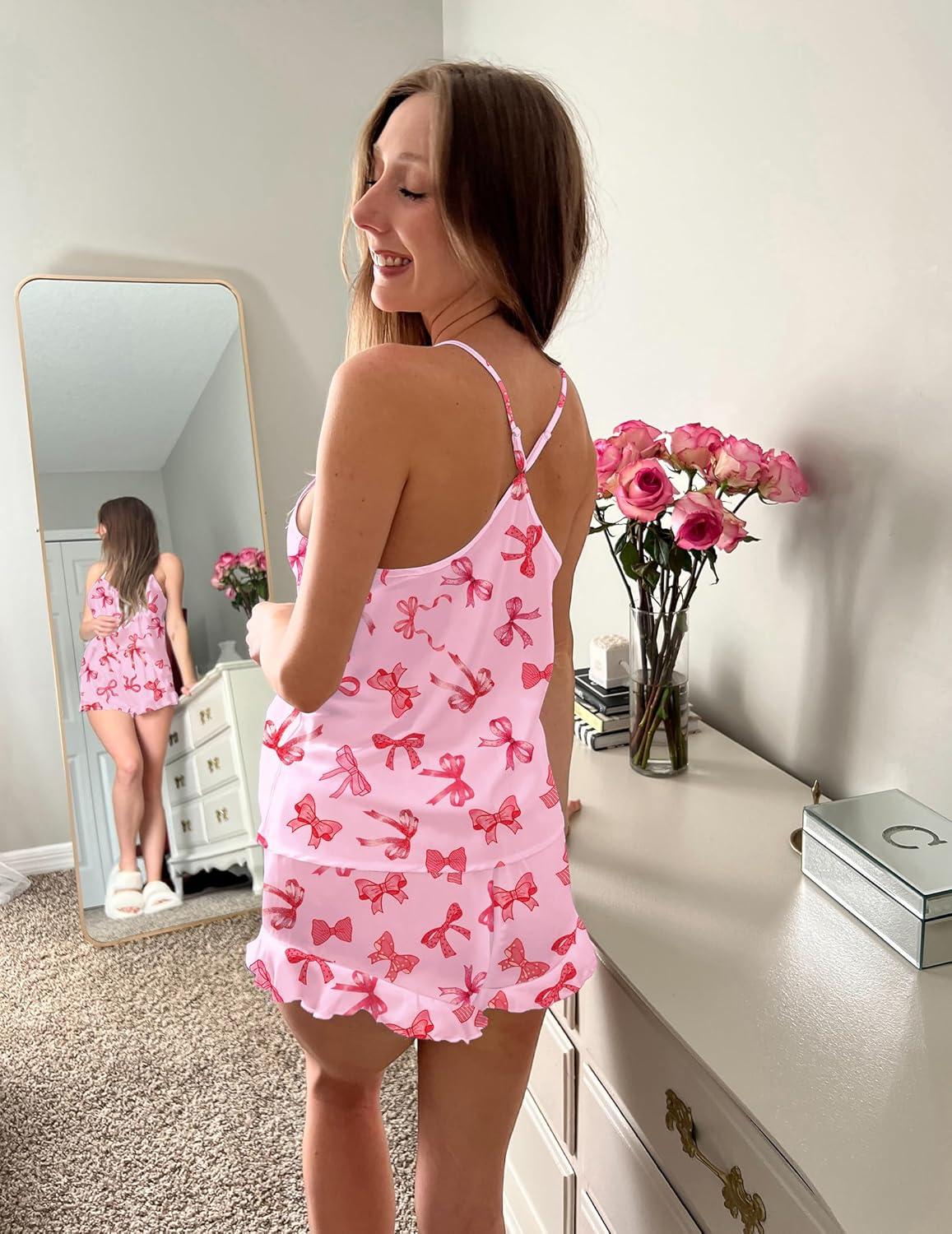 imageEkouaer Satin Pajama Set for Women Silk Pjs for Women Set Camisole Top and Shorts with Ruffle SleepwearPink Bow Knot