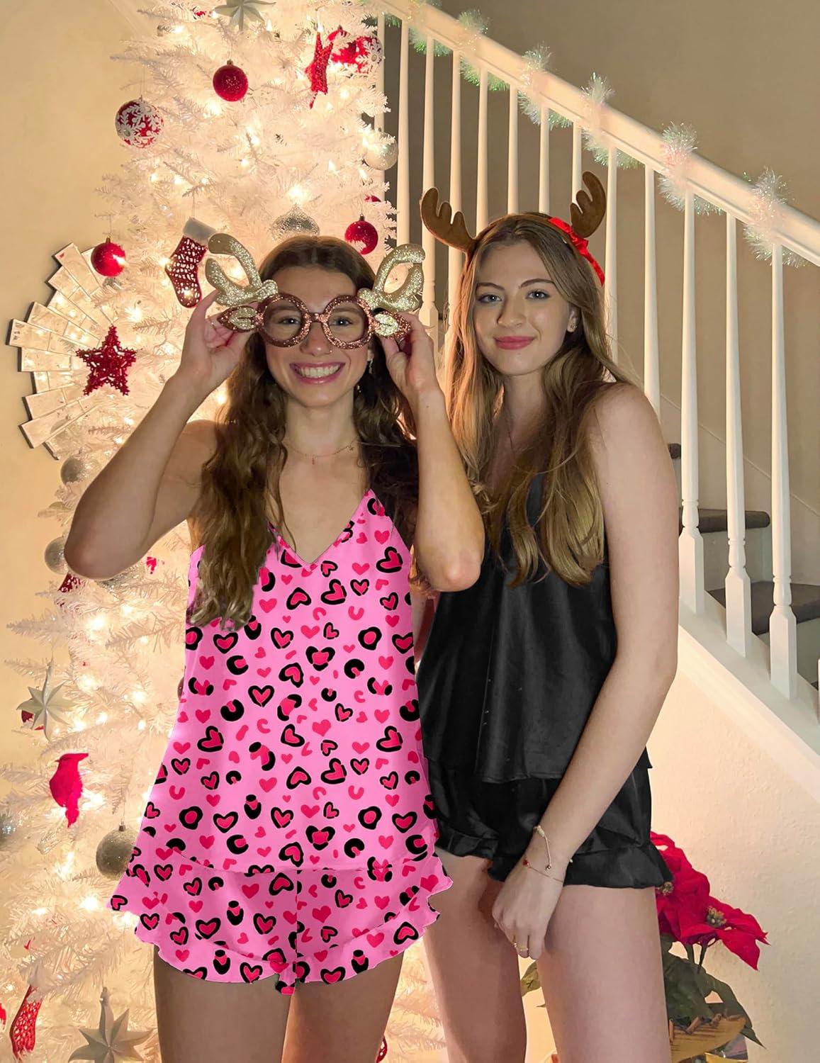 imageEkouaer Satin Pajama Set for Women Silk Pjs for Women Set Camisole Top and Shorts with Ruffle SleepwearPink Leopard