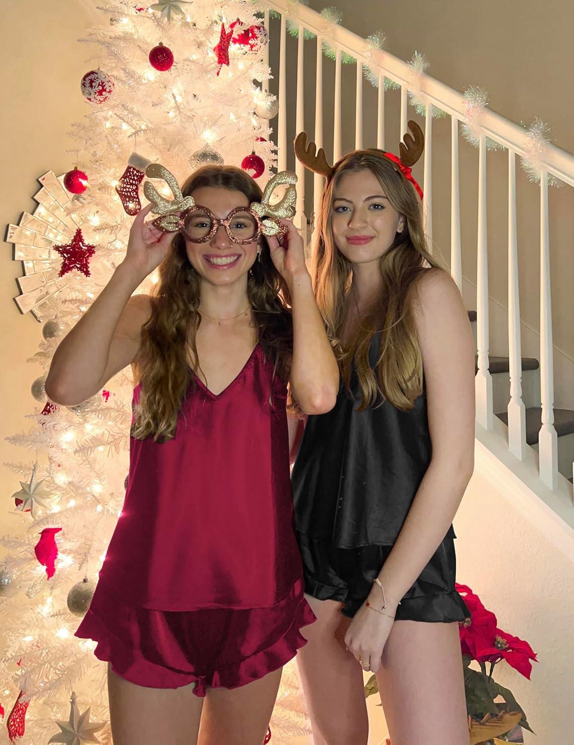 imageEkouaer Satin Pajama Set for Women Silk Pjs for Women Set Camisole Top and Shorts with Ruffle SleepwearWine Red