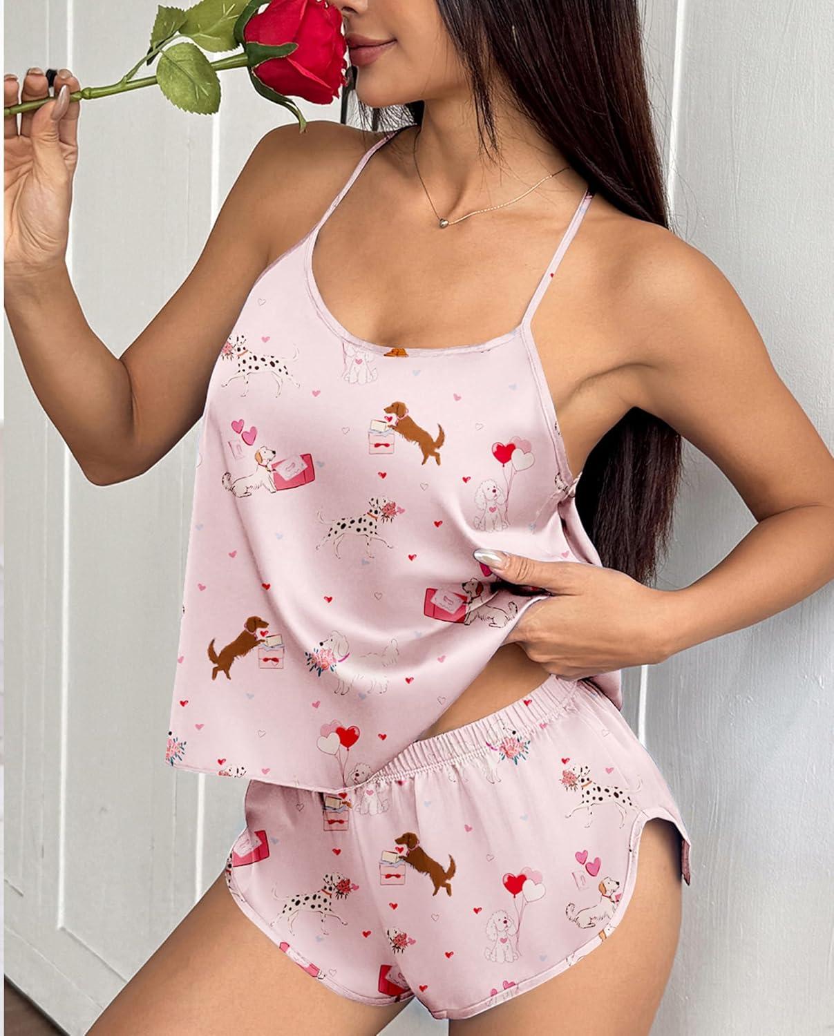 imageEkouaer Silk Pajamas Set for Women Satin Backless Lingerie Pjs Cami Top and Shorts NightwearPrintlove Pups