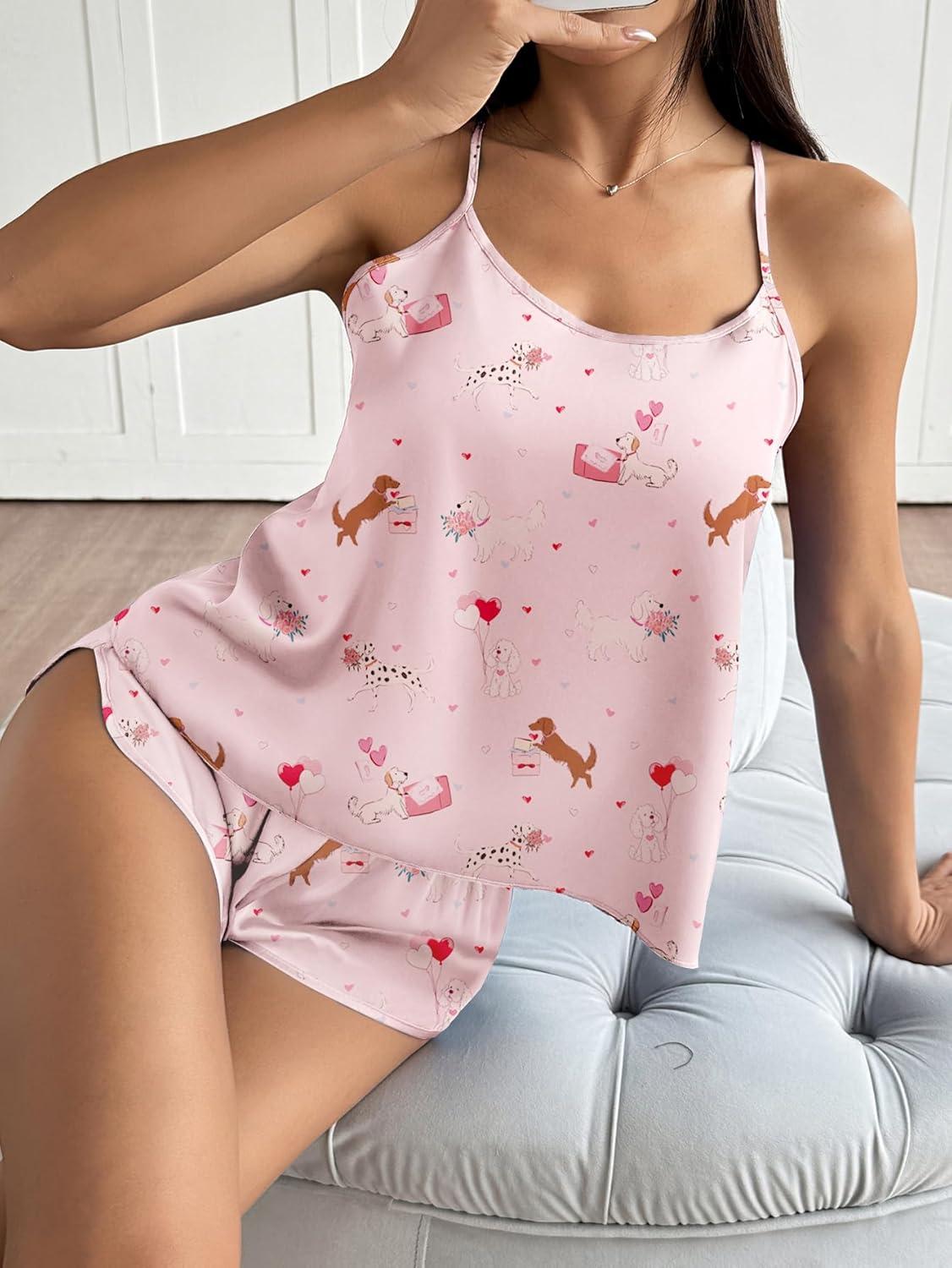 imageEkouaer Silk Pajamas Set for Women Satin Backless Lingerie Pjs Cami Top and Shorts NightwearPrintlove Pups