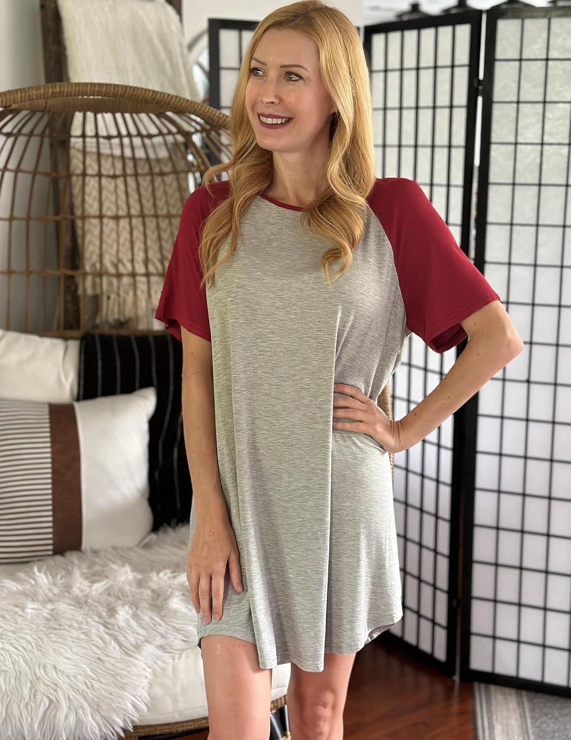 imageEkouaer Sleep Shirts for Women Short Sleeve Night Shirts for Sleeping Pullover Nightgown Soft Nightdress SXXXL1wine Red