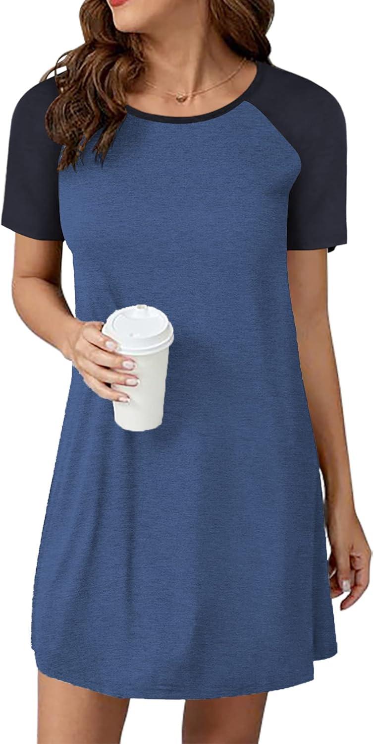 imageEkouaer Sleep Shirts for Women Short Sleeve Night Shirts for Sleeping Pullover Nightgown Soft Nightdress SXXXLBlue