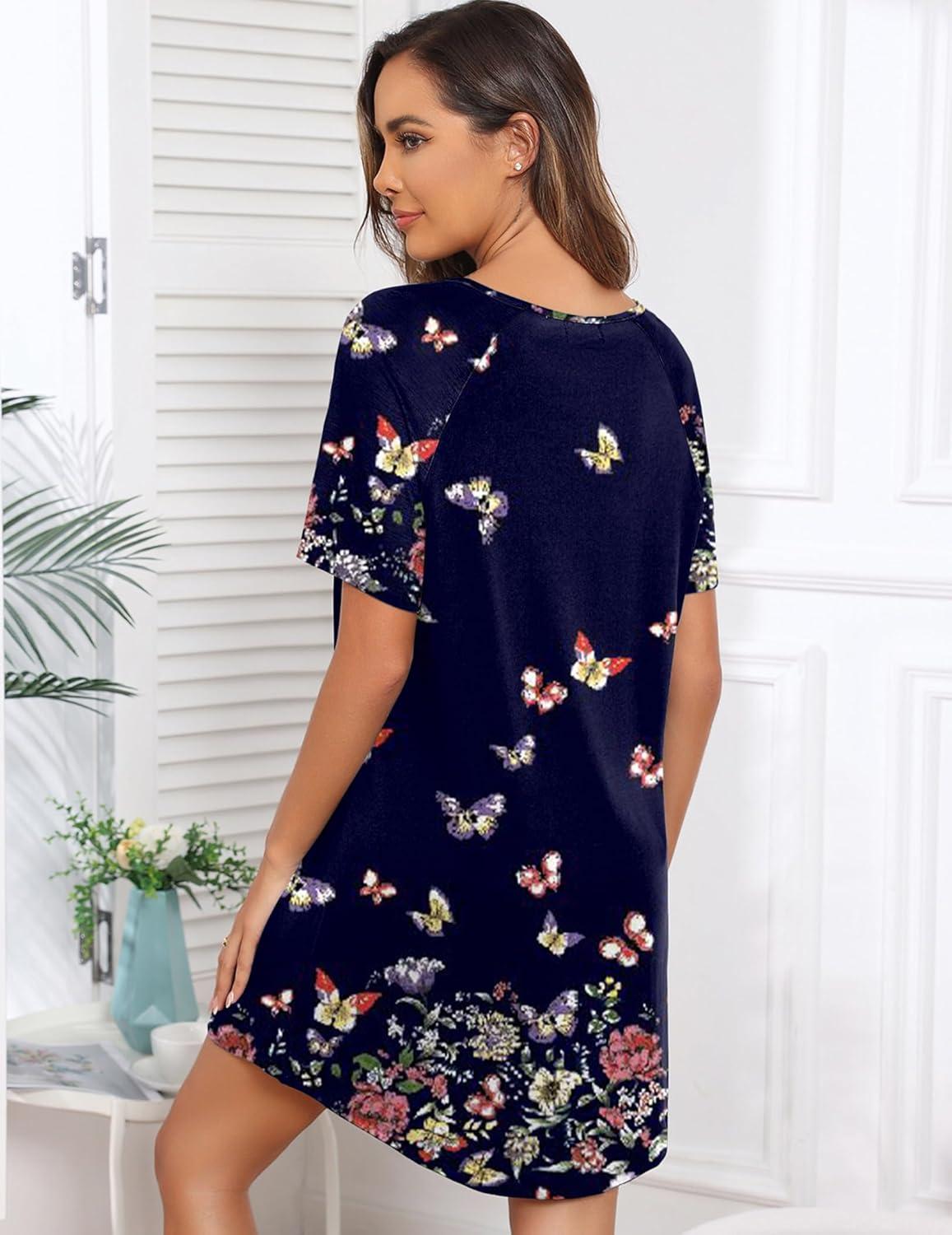 imageEkouaer Sleep Shirts for Women Short Sleeve Night Shirts for Sleeping Pullover Nightgown Soft Nightdress SXXXLButterfly Print
