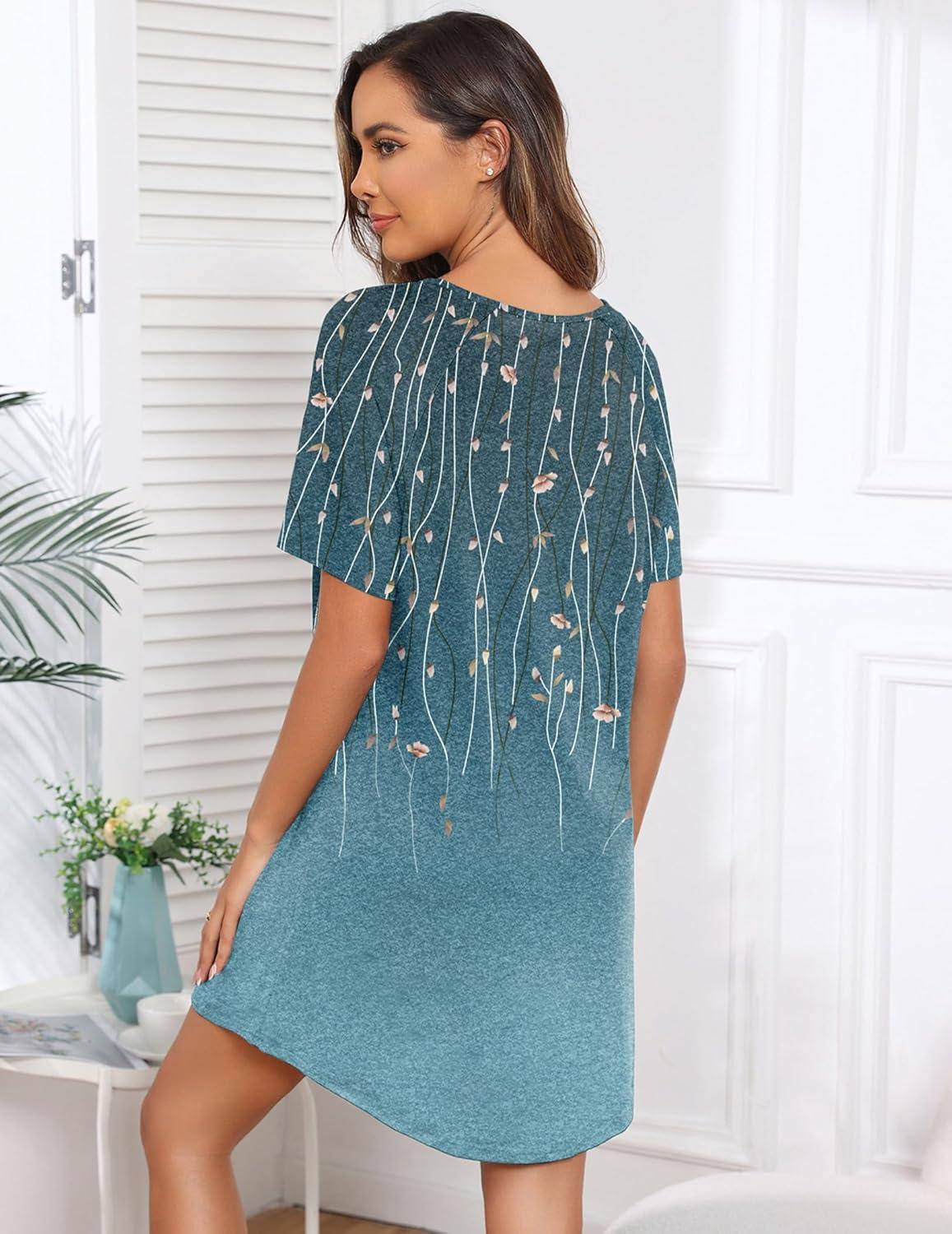 imageEkouaer Sleep Shirts for Women Short Sleeve Night Shirts for Sleeping Pullover Nightgown Soft Nightdress SXXXLCyan Vines