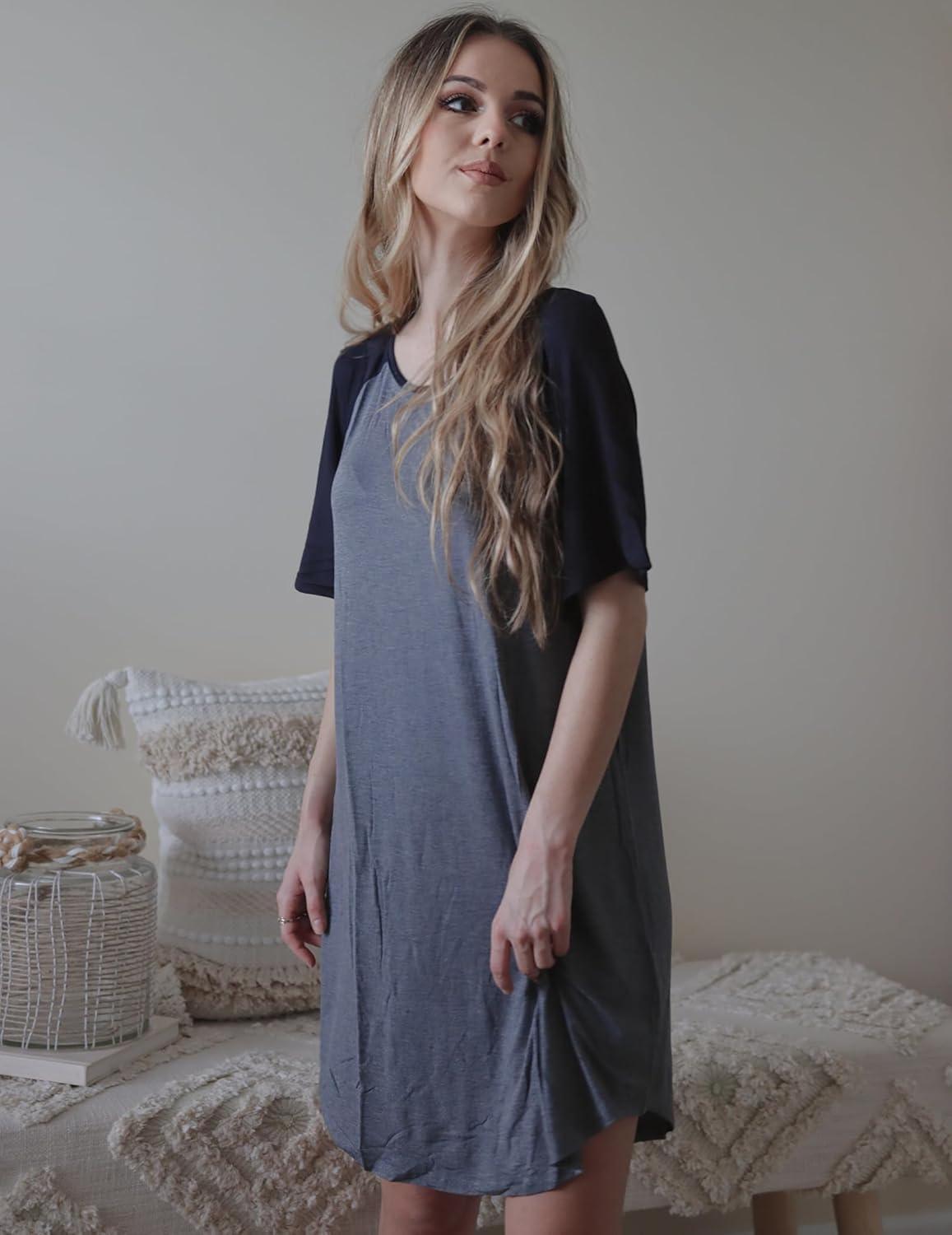 imageEkouaer Sleep Shirts for Women Short Sleeve Night Shirts for Sleeping Pullover Nightgown Soft Nightdress SXXXLNavy Blue