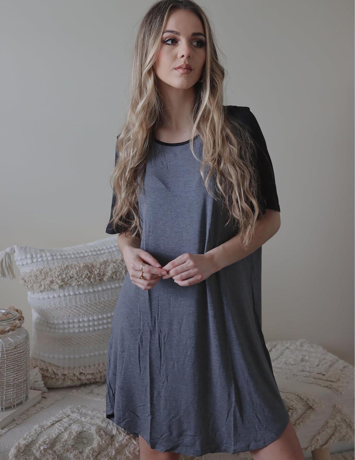 imageEkouaer Sleep Shirts for Women Short Sleeve Night Shirts for Sleeping Pullover Nightgown Soft Nightdress SXXXLNavy Blue
