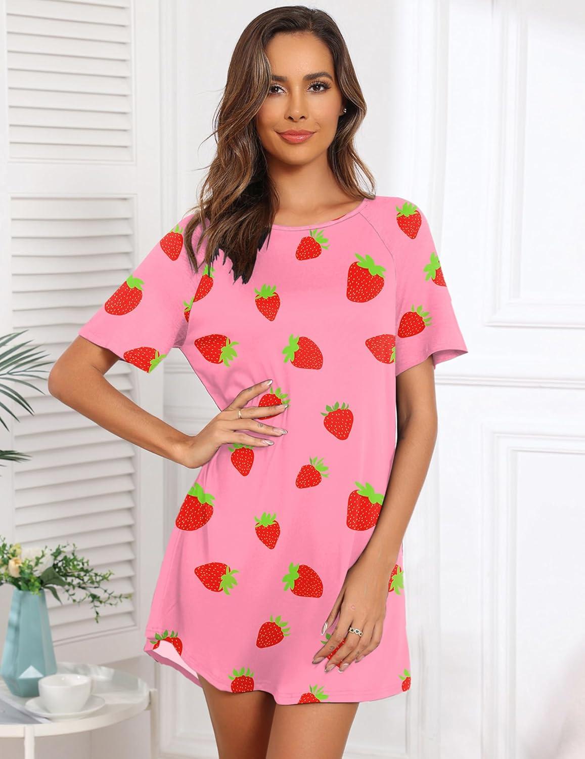 imageEkouaer Sleep Shirts for Women Short Sleeve Night Shirts for Sleeping Pullover Nightgown Soft Nightdress SXXXLPink Strawberry