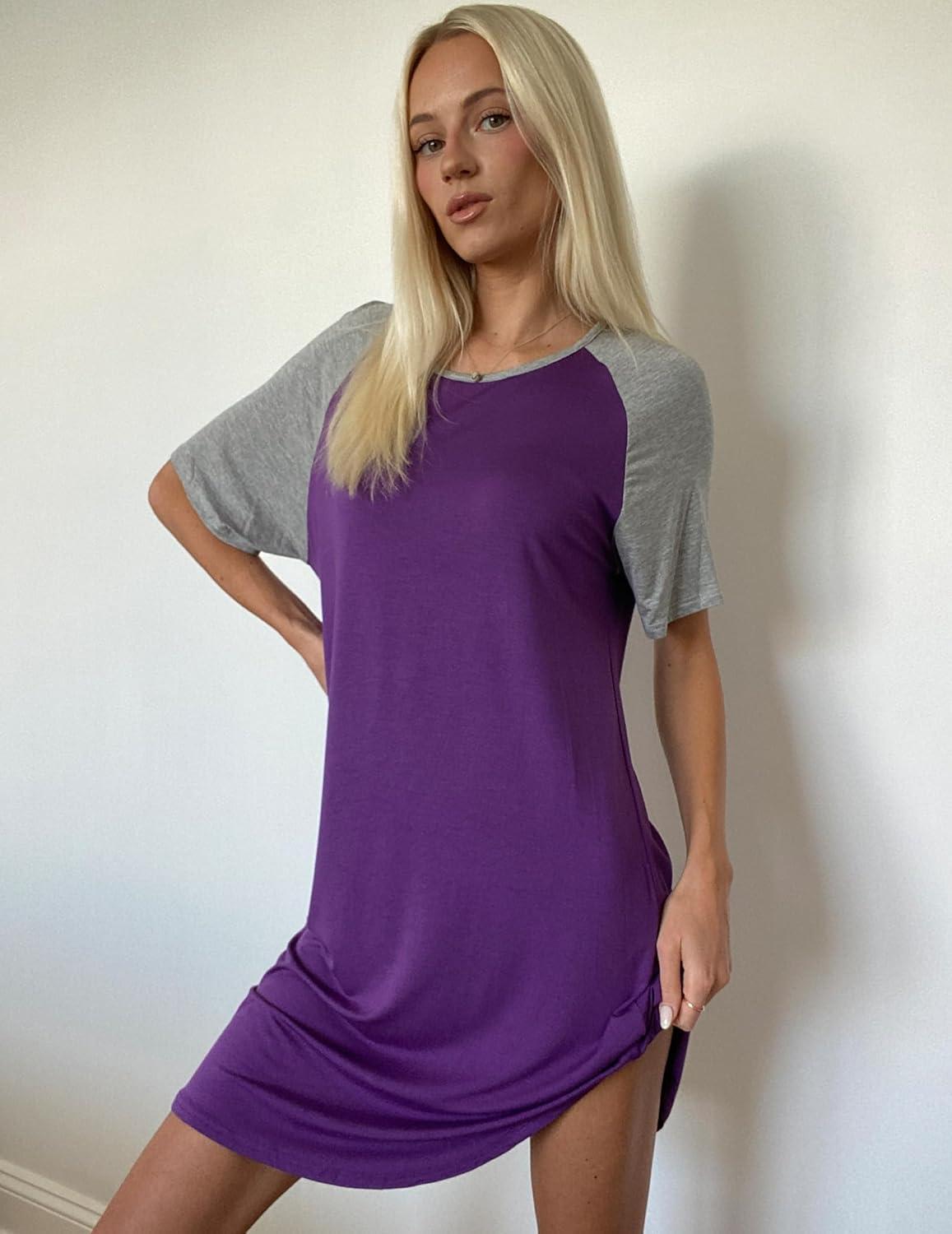 imageEkouaer Sleep Shirts for Women Short Sleeve Night Shirts for Sleeping Pullover Nightgown Soft Nightdress SXXXLPurple